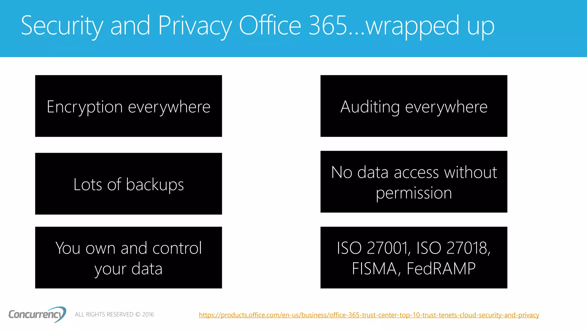 ALL RIGHTS RESERVED © 2016
Security and Privacy Office 365…wrapped up
https://products.office.com/en-us/business/office-365-trust-center-top-10-trust-tenets-cloud-security-and-privacy
Encryption everywhere Auditing everywhere
Lots of backups
No data access without
permission
You own and control
your data
ISO 27001, ISO 27018,
FISMA, FedRAMP
 