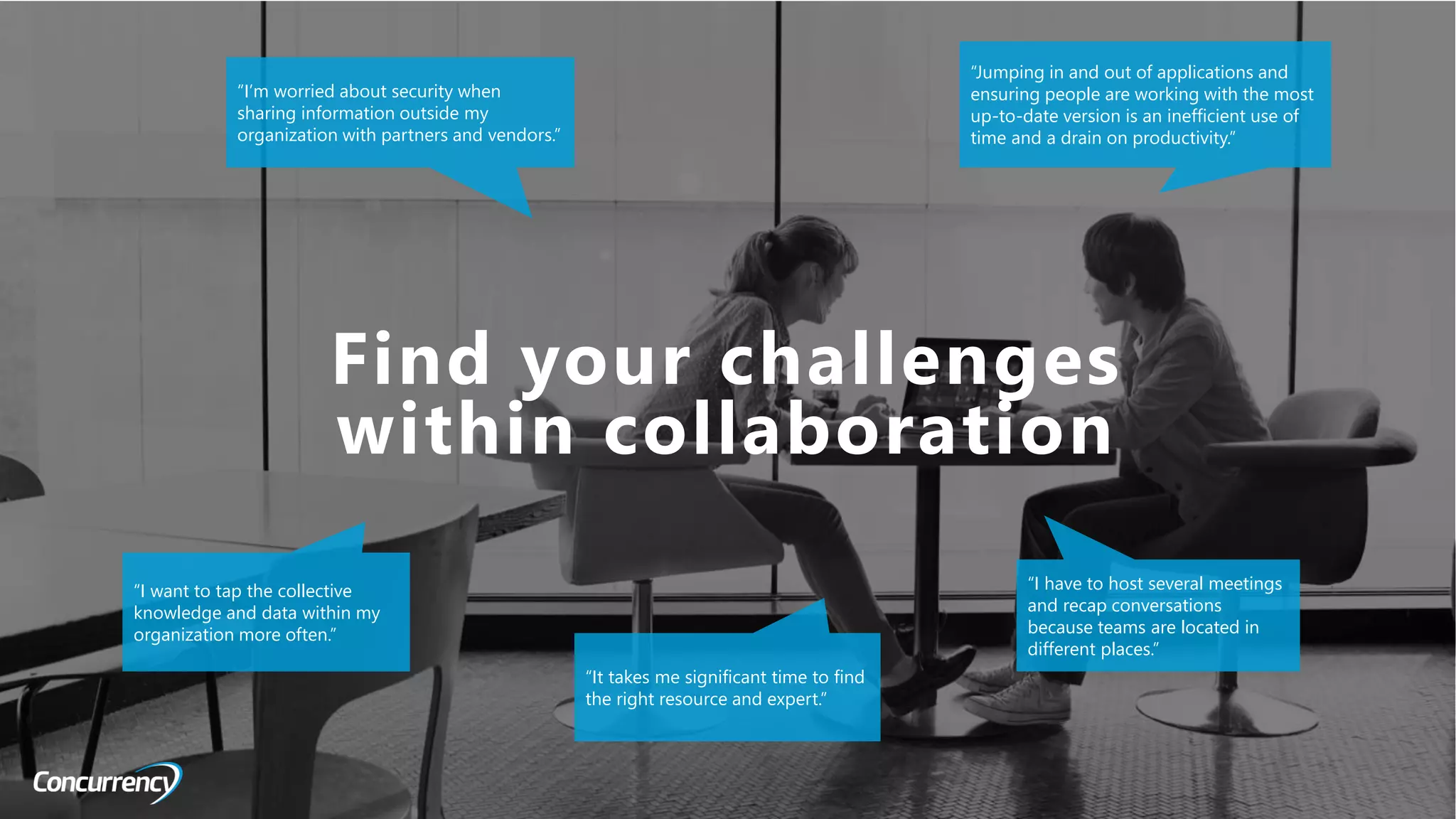ALL RIGHTS RESERVED © 2016
Find your challenges
within collaboration
“I’m worried about security when
sharing information outside my
organization with partners and vendors.”
“I have to host several meetings
and recap conversations
because teams are located in
different places.”
“I want to tap the collective
knowledge and data within my
organization more often.”
“It takes me significant time to find
the right resource and expert.”
“Jumping in and out of applications and
ensuring people are working with the most
up-to-date version is an inefficient use of
time and a drain on productivity.”
 