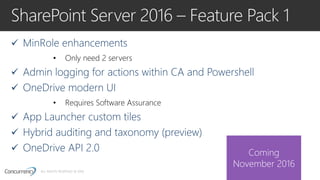 ALL RIGHTS RESERVED © 2016
SharePoint Server 2016 – Feature Pack 1
• Only need 2 servers
• Requires Software Assurance
Com...