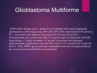 EORTC/NCIC (Stupp et al.) – phase III: 573 patients with newly diagnosed
glioblastoma (16% biopsy only, 40% GTR, 44% STR) randomized to RT alone vs.
RT + concurrent and adjuvant temozolomide. RT was 60 Gy/30 fx.
Temozolomide was concurrent daily (75 mg/m2/day) and adjuvant (150–200
mg/m2/day × 5 days) q4 weeks × 6 month. Concurrent and adjuvant
temozolomide significantly improved MS (14.6 vs. 12.1 month) and 5-year OS
(9.8 vs. 1.9%). MGMT gene promoter methylation was the strongest predictor
for outcome and benefit from temozolomide
Glioblastoma Multiforme
 