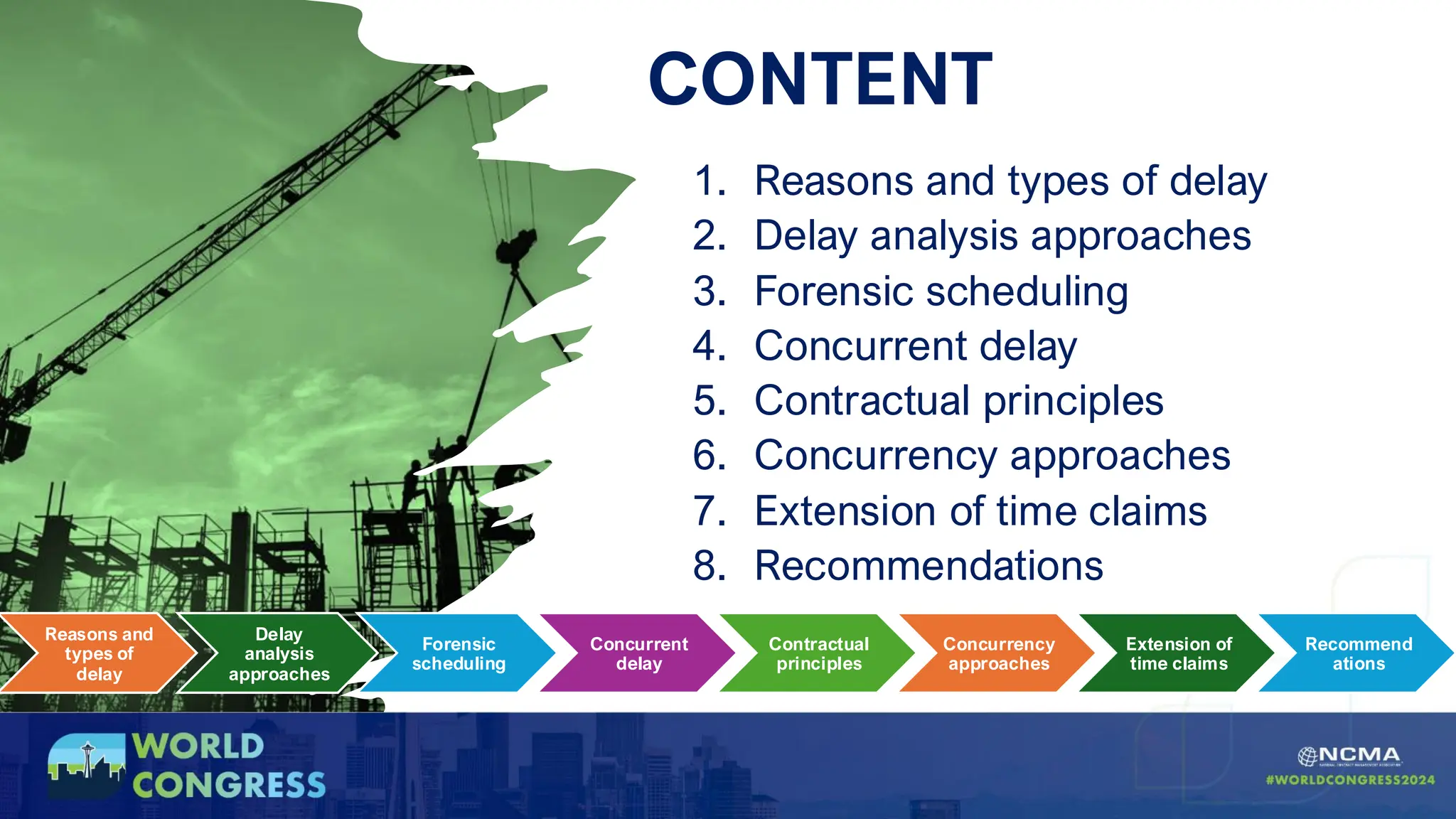 CONTENT
1. Reasons and types of delay
2. Delay analysis approaches
3. Forensic scheduling
4. Concurrent delay
5. Contractual principles
6. Concurrency approaches
7. Extension of time claims
8. Recommendations
Reasons and
types of
delay
Delay
analysis
approaches
Forensic
scheduling
Concurrent
delay
Contractual
principles
Concurrency
approaches
Extension of
time claims
Recommend
ations
 