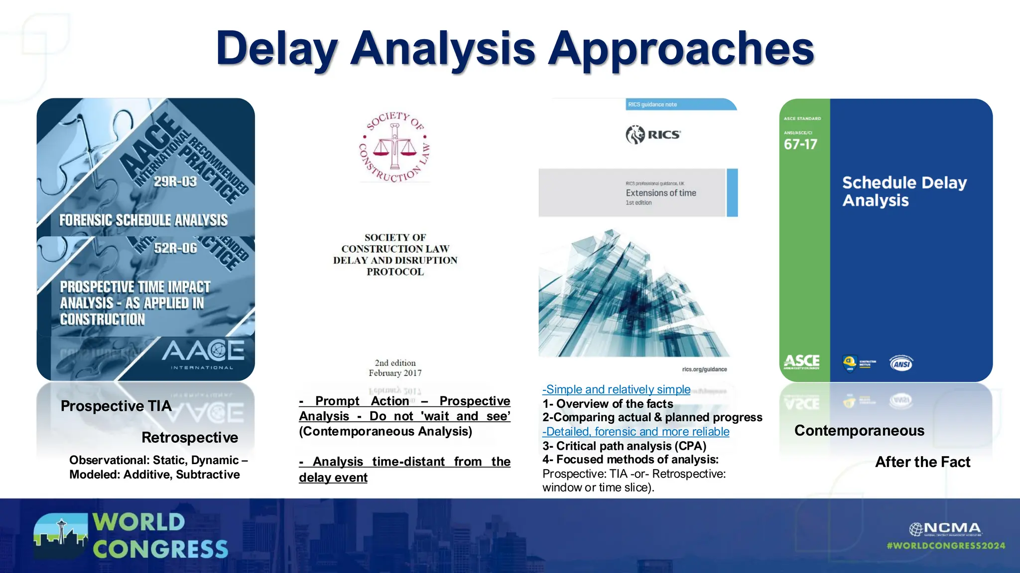Delay Analysis Approaches
Prospective TIA
Retrospective
-Simple and relatively simple
1- Overview of the facts
2-Comparing actual & planned progress
-Detailed, forensic and more reliable
3- Critical path analysis (CPA)
4- Focused methods of analysis:
Prospective: TIA -or- Retrospective:
window or time slice).
- Prompt Action – Prospective
Analysis - Do not 'wait and see’
(Contemporaneous Analysis)
- Analysis time-distant from the
delay event
Contemporaneous
After the Fact
Observational: Static, Dynamic –
Modeled: Additive, Subtractive
 