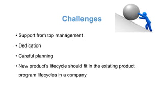 Challenges
• Support from top management
• Dedication
• Careful planning
• New product’s lifecycle should fit in the existing product
program lifecycles in a company
 