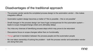 Disadvantages of the traditional approach
7
• The process vendor sends the completed process design to the automation vendor – this makes
integration difficult
• Automation system design becomes a matter of “this is possible – this is not possible”
• Small changes in the process design can have huge consequences for the automation system –
leads to scope changes/change orders and ultimately delays
• You miss any chances of identifying process steps which may prove to be redundant
• Discussions focus on scope changes rather than on functionality
• Things get lost in translation between the process people and the automation people
• No one takes ownership of solving the problem – both the process vendor and automation vendor
are doing their jobs
 