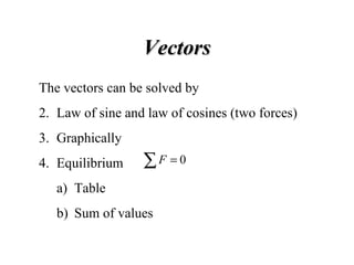 Vectors The vectors can be solved by  Law of sine and law of cosines (two forces) Graphically Equilibrium Table Sum of values  
