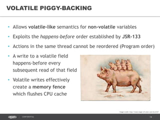 14CONFIDENTIAL
COMPARE-AND-SWAP (CAS)
• Non-blocking algorithm for
concurrent access to shared data
• Modifies a value in memory only if
it is equal to a given value,
otherwise the modification fails
• Ensures that the new value is
calculated based on up-to-date
data
• Uses atomic CPU instructions:
• CMPXCHG (x86)
• CMPXCHGQ (x64)
• Available via atomic variables in
Java 5.0+
java.util.concurrent.atomic
Image credit: http://www.keepcalm-o-matic.co.uk/
 