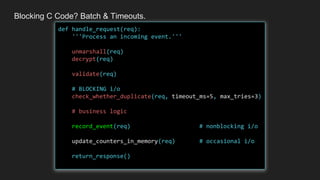 Blocking C Code? Batch & Timeouts.
def handle_request(req):
'''Process an incoming event.'''
unmarshall(req)
decrypt(req)
validate(req)
# BLOCKING i/o
check_whether_duplicate(req, timeout_ms=5, max_tries=3)
# business logic
record_event(req) # nonblocking i/o
update_counters_in_memory(req) # occasional i/o
return_response()
 