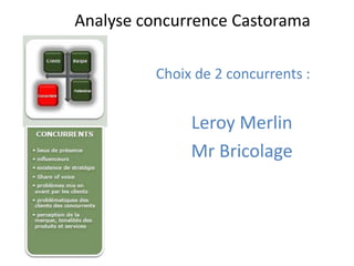 Analyse concurrence Castorama

         Choix de 2 concurrents :


              Leroy Merlin
              Mr Bricolage
 