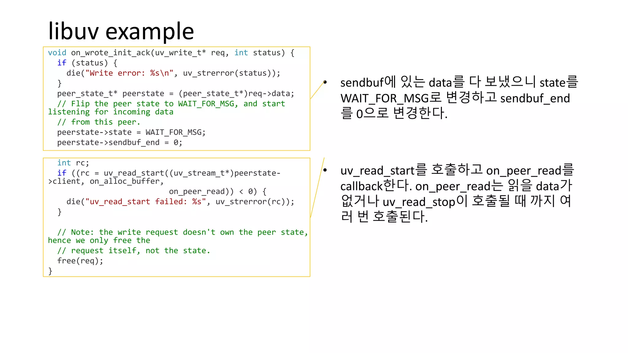 libuv example
void on_wrote_init_ack(uv_write_t* req, int status) {
if (status) {
die("Write error: %sn", uv_strerror(status));
}
peer_state_t* peerstate = (peer_state_t*)req->data;
// Flip the peer state to WAIT_FOR_MSG, and start
listening for incoming data
// from this peer.
peerstate->state = WAIT_FOR_MSG;
peerstate->sendbuf_end = 0;
int rc;
if ((rc = uv_read_start((uv_stream_t*)peerstate-
>client, on_alloc_buffer,
on_peer_read)) < 0) {
die("uv_read_start failed: %s", uv_strerror(rc));
}
// Note: the write request doesn't own the peer state,
hence we only free the
// request itself, not the state.
free(req);
}
• sendbuf에 있는 data를 다 보냈으니 state를
WAIT_FOR_MSG로 변경하고 sendbuf_end
를 0으로 변경한다.
• uv_read_start를 호출하고 on_peer_read를
callback한다. on_peer_read는 읽을 data가
없거나 uv_read_stop이 호출될 때 까지 여
러 번 호출된다.
 