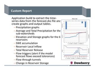 Custom Report
Application build to extract the time‐
series data from the forecast.dss file and 
create graphs and output tables.
– Precipitation graphs
– Average and Total Precipitation for the 
sub‐watersheds
– Elevation and Storage graphs for the 6 
reservoirs
– SWE accumulation
– Reservoir Local Inflow
– Total Reservoir Release
– Flow triggers (alert if the model 
forecast flows exceed tolerances)
– Flow through tunnels
– Change in Reservoir Storage
 