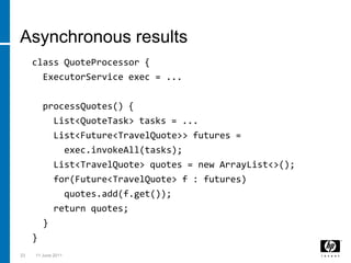 Asynchronous resultsclass QuoteProcessor {ExecutorService exec = ...processQuotes() {    List<QuoteTask> tasks = ...    List<Future<TravelQuote>> futures = exec.invokeAll(tasks);    List<TravelQuote> quotes = new ArrayList<>();    for(Future<TravelQuote> f : futures)quotes.add(f.get());    return quotes;  }}233 March 2011