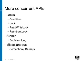 More concurrent APIsLocksConditionLockReadWriteLockReentrantLockAtomicBoolean, longMiscellaneousSemaphore, Barriers263 March 2011
