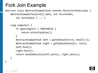 Fork Join Exampleabstract class AbstractExampleTask extends RecursiveTask<Long> {AbstractExampleTask(int[] data, intfirstIndex, intlastIndex) { ... }    Long compute() {        if (getLength() < THRESHOLD) {            return directlySolve();        }AbstractExampleTask left = getSubtask(first, half()-1);AbstractExampleTask right = getSubtask(half(), last);left.fork();right.fork();        return handleResults(left.join(), right.join());    }}293 March 2011