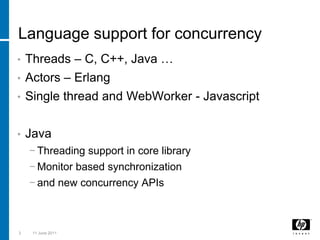 Language support for concurrencyThreads – C, C++, Java …Actors – ErlangSingle thread and WebWorker - JavascriptJavaThreading support in core libraryMonitor based synchronizationand new concurrency APIs33 March 2011