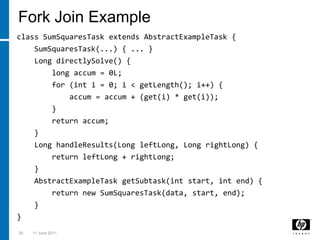 class SumSquaresTask extends AbstractExampleTask {SumSquaresTask(...) { ... }    Long directlySolve() {        long accum = 0L;        for (int i = 0; i < getLength(); i++) {accum = accum + (get(i) * get(i));        }        return accum;    }    Long handleResults(Long leftLong, Long rightLong) {        return leftLong + rightLong;    }AbstractExampleTaskgetSubtask(int start, int end) {        return new SumSquaresTask(data, start, end);    }}303 March 2011Fork Join Example