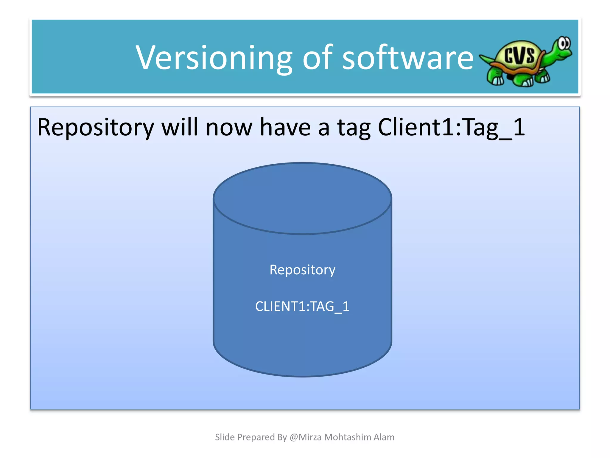 Versioning of software
Repository will now have a tag Client1:Tag_1
Repository
CLIENT1:TAG_1
Slide Prepared By @Mirza Mohtashim Alam
 