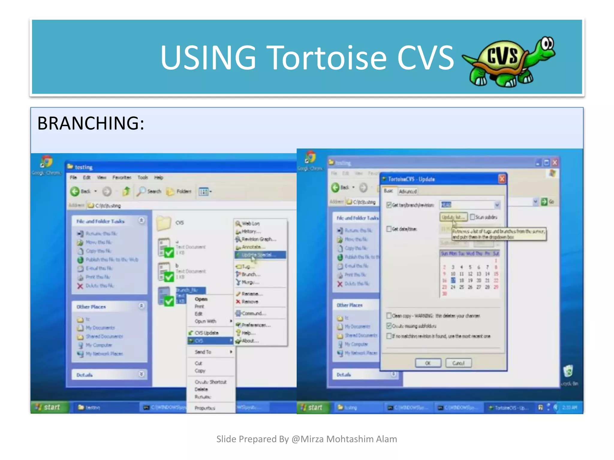 USING Tortoise CVS
BRANCHING:
Slide Prepared By @Mirza Mohtashim Alam
 