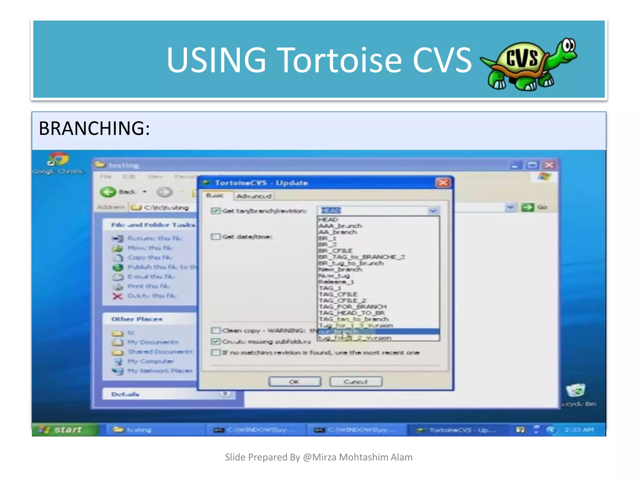 USING Tortoise CVS
BRANCHING:
Slide Prepared By @Mirza Mohtashim Alam
 