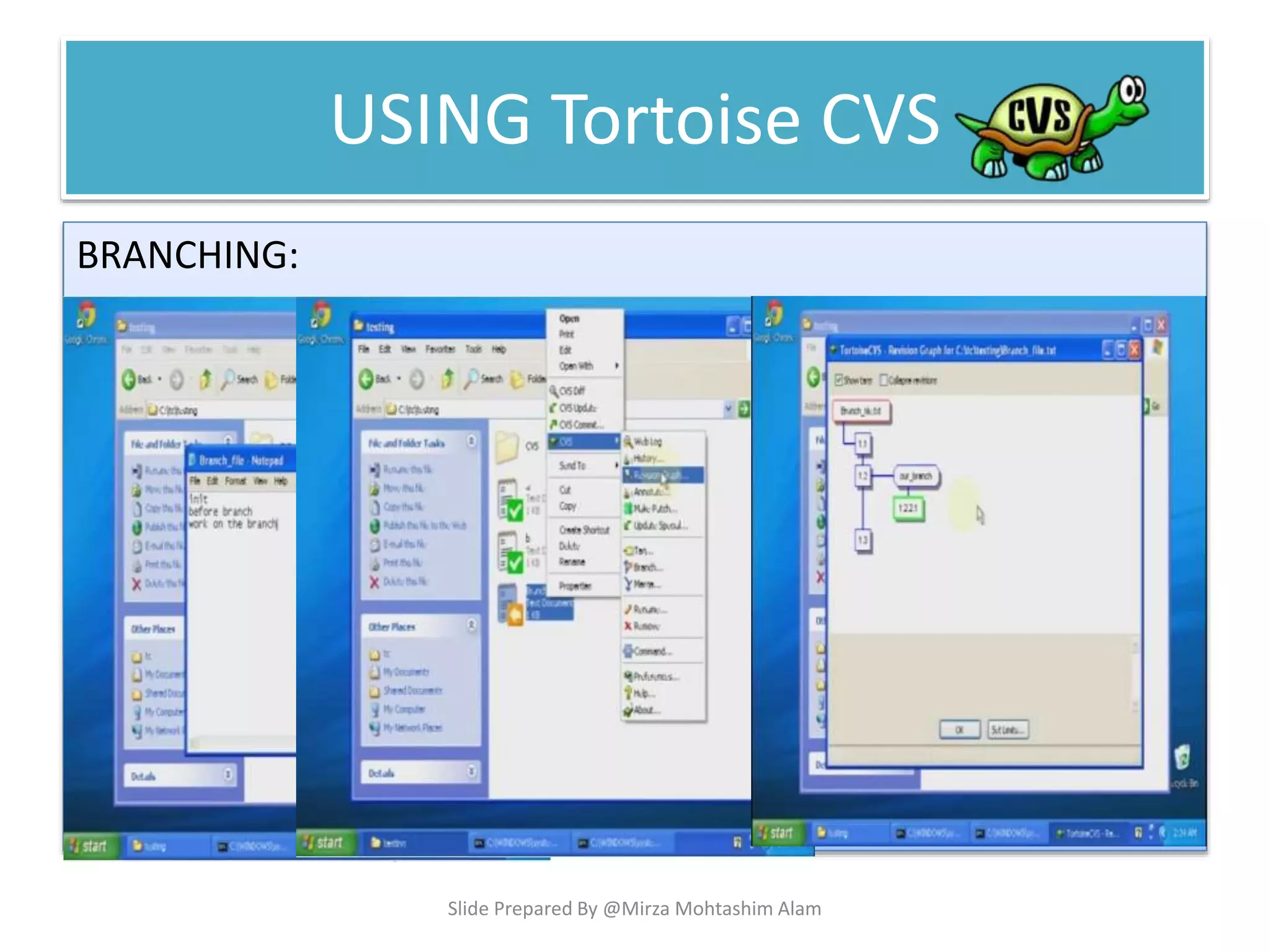 USING Tortoise CVS
BRANCHING:
Slide Prepared By @Mirza Mohtashim Alam
 