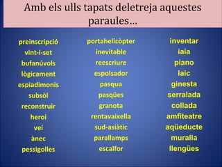 Amb els ulls tapats deletreja aquestes paraules… preinscripció vint-i-set bufanúvols lògicament espiadimonis subsòl reconstruir heroi veí ànec pessigolles portahelicòpter inevitable reescriure espolsador pasqua pasqües granota rentavaixella sud-asiàtic parallamps escalfor inventar iaia piano laic ginesta serralada collada amfiteatre aqüeducte muralla llengües 