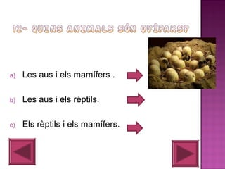 a)

Les aus i els mamífers .

b)

Les aus i els rèptils.

c)

Els rèptils i els mamífers.

 