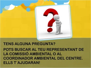 TENS ALGUNA PREGUNTA? POTS BUSCAR AL TEU REPRESENTANT DE LA COMISSIÓ AMBIENTAL O AL COORDINADOR AMBIENTAL DEL CENTRE. ELLS T´AJUDARAN! 