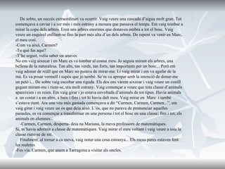 De sobte, un succés extraordinari va ocurrir. Vaig veure una cascada d’aigua molt gran. Tot començava a caviar i a ser més i més estrany a mesura que passava el temps. Em vaig tombar a mirar la copa dels arbres. Eren uns arbres enormes que donaven ombra a tot el bosc. Vaig veure un esquirol enfilant-se fins la part més alta d’un dels arbres. De repent va venir en Marc, el meu cosí. -Com va això, Carmen?  -Tu què fas aquí? -T’he seguit, volia saber on anaves. No em vaig aixecar i en Marc es va tombar al costat meu. Jo seguia mirant els arbres, una bellesa de la naturalesa. Tan alts, tan verds, tan forts, tan importants per un bosc... Però em vaig adonar de reüll que en Marc no parava de mirar-me. Li vaig mirar i em va agafar de la mà. Es va posar vermell i supòs que jo també. Se’m va apropar amb la intenció de donar-me un petó i... De sobte vaig escoltar una riguda. Els dos ens vàrem aixecar i vaig veure un conill gegant mirant-me i rient-se, era molt estrany. Vaig començar a veure que tota classe d’animals apareixien i es reien. Em vaig girar i jo estava envoltada d’animals de tot tipus. Havia animals a  un costat i a un altre, a baix i fins i tot hi havia dalt meu. Vaig mirar en  Marc  i també s’estava rient. Ara una veu més gastada començava a dir “Carmen, Carmen, Carmen...”, em vaig girar i vaig veure un ós que deia això. L’ós, que no parava de pronunciar aquelles paraules, es va començar a transformar en una persona i tot el bosc en una classe; fins i tot, els animals en alumnes... -Carmen, Carmen, desperta- deia na Mariana, la meva professora de matemàtiques. Si, m’havia adormir a classe de matemàtiques. Vaig mirar el meu voltant i vaig veure a tota la classe rient-se de mi. Finalment, al tornar a ca meva, vaig notar una cosa estranya... Els meus pares estaven fent les maletes -Fes via, Carmen, que anem a Tarragona a visitar als oncles. 
