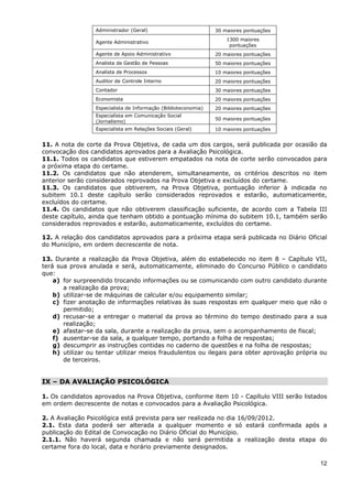 Administrador (Geral)                          30 maiores pontuações
                                                                     1300 maiores
                  Agente Administrativo
                                                                      pontuações
                  Agente de Apoio Administrativo                 20 maiores pontuações
                  Analista de Gestão de Pessoas                  50 maiores pontuações
                  Analista de Processos                          10 maiores pontuações
                  Auditor de Controle Interno                    20 maiores pontuações
                  Contador                                       30 maiores pontuações
                  Economista                                     20 maiores pontuações
                  Especialista de Informação (Biblioteconomia)   20 maiores pontuações
                  Especialista em Comunicação Social
                                                                 50 maiores pontuações
                  (Jornalismo)
                  Especialista em Relações Sociais (Geral)       10 maiores pontuações


11. A nota de corte da Prova Objetiva, de cada um dos cargos, será publicada por ocasião da
convocação dos candidatos aprovados para a Avaliação Psicológica.
11.1. Todos os candidatos que estiverem empatados na nota de corte serão convocados para
a próxima etapa do certame.
11.2. Os candidatos que não atenderem, simultaneamente, os critérios descritos no item
anterior serão considerados reprovados na Prova Objetiva e excluídos do certame.
11.3. Os candidatos que obtiverem, na Prova Objetiva, pontuação inferior à indicada no
subitem 10.1 deste capítulo serão considerados reprovados e estarão, automaticamente,
excluídos do certame.
11.4. Os candidatos que não obtiverem classificação suficiente, de acordo com a Tabela III
deste capítulo, ainda que tenham obtido a pontuação mínima do subitem 10.1, também serão
considerados reprovados e estarão, automaticamente, excluídos do certame.

12. A relação dos candidatos aprovados para a próxima etapa será publicada no Diário Oficial
do Município, em ordem decrescente de nota.

13. Durante a realização da Prova Objetiva, além do estabelecido no item 8 – Capítulo VII,
terá sua prova anulada e será, automaticamente, eliminado do Concurso Público o candidato
que:
    a) for surpreendido trocando informações ou se comunicando com outro candidato durante
       a realização da prova;
    b) utilizar-se de máquinas de calcular e/ou equipamento similar;
    c) fizer anotação de informações relativas às suas respostas em qualquer meio que não o
       permitido;
    d) recusar-se a entregar o material da prova ao término do tempo destinado para a sua
       realização;
    e) afastar-se da sala, durante a realização da prova, sem o acompanhamento de fiscal;
    f) ausentar-se da sala, a qualquer tempo, portando a folha de respostas;
    g) descumprir as instruções contidas no caderno de questões e na folha de respostas;
    h) utilizar ou tentar utilizar meios fraudulentos ou ilegais para obter aprovação própria ou
       de terceiros.


IX – DA AVALIAÇÃO PSICOLÓGICA

1. Os candidatos aprovados na Prova Objetiva, conforme item 10 - Capítulo VIII serão listados
em ordem decrescente de notas e convocados para a Avaliação Psicológica.

2. A Avaliação Psicológica está prevista para ser realizada no dia 16/09/2012.
2.1. Esta data poderá ser alterada a qualquer momento e só estará confirmada após a
publicação do Edital de Convocação no Diário Oficial do Município.
2.1.1. Não haverá segunda chamada e não será permitida a realização desta etapa do
certame fora do local, data e horário previamente designados.

                                                                                             12
 