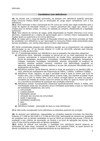 efetivada.


                               Candidatos com deficiência

16. De acordo com a legislação pertinente, as pessoas com deficiência poderão participar
deste Concurso Público desde que as atribuições do cargo sejam compatíveis com a sua
deficiência.
16.1. Será reservado a elas o percentual de 5% (cinco por cento) das vagas existentes para o
cargo de Agente de Educação Infantil e o mesmo percentual das vagas que vierem a ser
criadas para os demais cargos, no prazo de validade do certame, obedecendo-se a legislação
pertinente.
16.2. Para cálculo do número de vagas, serão desprezadas as frações inferiores a 0,5 (cinco
décimos), respeitando-se o critério de aproximação para o número inteiro subseqüente, das
frações iguais ou superiores a 0,5 (cinco décimos).
16.3. As vagas para o cargo de Agente de Educação Infantil que não forem providas por falta
de candidatos com deficiência ou por reprovação no Concurso Público serão preenchidas pelos
demais candidatos, com estrita observância à ordem classificatória.

17. Serão consideradas pessoas com deficiência aquelas que se enquadrarem nas categorias
discriminadas no art. 4º do Decreto Federal nº 3.298 de 20/12/99, alterado pelo Decreto
Federal nº 5.296 de 02/12/04:
Art. 4º. É considerada pessoa com deficiência a que se enquadra nas seguintes categorias:
    a) deficiência física: alteração completa ou parcial de um ou mais segmentos do corpo
        humano, acarretando o comprometimento da função física, apresentando-se sob a
        forma de paraplegia, paraparesia, monoplegia, monoparesia, tetraplegia, tetraparesia,
        triplegia, triparesia, hemiplegia, hemiparesia, ostomia, amputação ou ausência de
        membro, paralisia cerebral, nanismo, membros com deformidade congênita ou
        adquirida, exceto as deformidades estéticas e as que não produzam dificuldades para o
        desempenho de funções;
    b) deficiência auditiva: perda bilateral, parcial ou total, de quarenta e um decibéis (dB) ou
        mais, aferida por audiograma nas frequencias de 500Hz, 1.000Hz, 2.000Hze 3.000Hz;
    c) deficiência visual: cegueira, na qual a acuidade visual é igual ou menor que 0,05 no
        melhor olho, com a melhor correção óptica; a baixa visão, que significa acuidade visual
        entre 0,3 e 0,05 no melhor olho, com a melhor correção óptica; os casos nos quais a
        somatória da medida do campo visual em ambos os olhos for igual ou menor que 60º;
        ou a ocorrência simultânea de quaisquer das condições anteriores;
    d) deficiência mental: funcionamento intelectual significativamente inferior à média, com
        manifestação antes dos 18 (dezoito) anos e limitações associadas a duas ou mais áreas
        de habilidades adaptativas, tais como:
        1. comunicação
        2. cuidado pessoal
        3. habilidades sociais
        4. utilização dos recursos da comunidade
        5. saúde e segurança
        6. habilidades acadêmicas
        7. lazer
        8. trabalho
    e) deficiência múltipla - associação de duas ou mais deficiências.

17.1. Não serão considerados como deficiência os distúrbios passíveis de correção.

18. As pessoas com deficiência, resguardadas as condições especiais previstas nos Decretos
Federais nº 3.298 de 20/12/99 e nº 5.296 de 02/12/04, participarão do certame em igualdade
de condições com os demais candidatos no que se refere ao conteúdo das provas, à forma de
avaliação e aos critérios de aprovação, ao horário e ao local de aplicação das provas, bem
como à nota mínima exigida para os demais candidatos.
18.1. Antes de efetuar sua inscrição, o candidato com deficiência deverá observar as
atribuições de cada cargo, constante no Capítulo II do presente Edital, as quais deverá ter
plenas condições de cumprir, independentemente da sua deficiência.
                                                                                          6
 