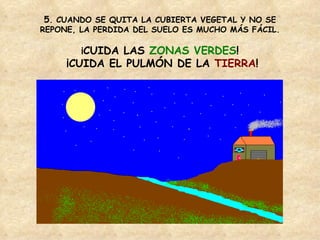 5. CUANDO SE QUITA LA CUBIERTA VEGETAL Y NO SE
REPONE, LA PERDIDA DEL SUELO ES MUCHO MÁS FÁCIL.
¡CUIDA LAS ZONAS VERDES!
¡CUIDA EL PULMÓN DE LA TIERRA!