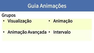 Grupos
Guia Animações
• Visualização • Animação
• Animação Avançada • Intervalo
 