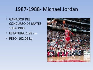 1987-1988- Michael Jordan GANADOR DEL CONCURSO DE MATES 1987-1988 ESTATURA: 1,98 cm PESO: 102,06 kg 