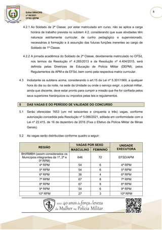 8
Edital DRH/CRS
nº 06/2021
CFSD QPPM
4.2.1 Ao Soldado de 2ª Classe, por estar matriculado em curso, não se aplica a carga
horária de trabalho prevista no subitem 4.2, considerando que suas atividades têm
natureza estritamente curricular, de cunho pedagógico e supervisionado,
necessárias à formação e à assunção das futuras funções inerentes ao cargo de
Soldado de 1ª Classe.
4.2.2 A jornada acadêmica do Soldado de 2ª Classe, devidamente matriculado no CFSd,
nos termos da Resolução nº 4.285/2013 e da Resolução nº 4.404/2015, será
definida pelas Diretrizes de Educação de Polícia Militar (DEPM), pelos
Regulamentos da APM e da EFSd, bem como pela respectiva matriz curricular.
4.3 Inobstante os subitens acima, considerando o art.15 da Lei nº 5.301/1969, a qualquer
hora do dia ou da noite, na sede da Unidade ou onde o serviço exigir, o policial militar,
ainda que discente, deve estar pronto para cumprir a missão que lhe for confiada pelos
seus superiores hierárquicos ou impostos pelas leis e regulamentos.
5 DAS VAGAS E DO PERÍODO DE VALIDADE DO CONCURSO
5.1 Serão oferecidas 1653 (um mil seiscentas e cinquenta e três) vagas, conforme
autorização concedida pela Resolução nº 5.086/2021, editada em conformidade com a
Lei nº 22.415, de 16 de dezembro de 2016 (Fixa o Efetivo da Polícia Militar de Minas
Gerais).
5.2 As vagas serão distribuídas conforme quadro a seguir:
REGIÃO
VAGAS POR SEXO UNIDADE
EXECUTORA
MASCULINO FEMININO
BH/RMBH (assim considerados os
Municípios integrantes da 1ª, 2ª e
3ª RPM)
646 72 EFSD/APM
4ª RPM 54 6 4ª RPM
5ª RPM 54 6 5ª RPM
6ª RPM 36 4 6ª RPM
7ª RPM 67 8 7ª RPM
8ª RPM 67 8 8ª RPM
9ª RPM 54 6 9ª RPM
10ª RPM 27 3 10ª RPM
 