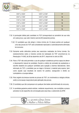 22
Edital DRH/CRS
nº 06/2021
CFSD QPPM
10'01" a 10'30" 12'01" a 12'30" 17
10'31" a 11'00" 12'31" a 13'00" 16
11'01" a 11'30" 13'01" a 13'30" 15
11'31" a 12'00" 13'31" a 14'00" 14
12'01" a 12'30" 14'01" a 14'30" 13
12'31" a 13'00" 14'31" a 15'00" 12
7.32 A pontuação obtida pelo candidato no TCF corresponderá ao somatório de sua nota
em cada prova, cujo valor máximo será de 60 (sessenta) pontos;
7.32.1 O candidato que não atingir o índice mínimo de 12 (doze) pontos em qualquer
uma das provas do TCF será considerado reprovado e automaticamente eliminado
do concurso.
7.33 Somente serão atribuídos pontos aos exercícios realizados de forma correta. Os
esclarecimentos sobre a maneira correta da realização do TCF encontram-se na
Resolução nº 4.642, de 28 de dezembro de 2017, disponível no site do CRS.
7.34 Para o TCF não será permitido o uso de qualquer substância química capaz de alterar
o desempenho natural do candidato, ficando a critério da comissão de avaliadores a
escolha aleatória de qualquer candidato para sujeição a exames laboratoriais. Será
eliminado do TCF o candidato que se negar a fornecer o material para exame, bem
como aquele cujo resultado de exame for positivo, assegurado o direito ao
contraditório e à ampla defesa.
7.35 Para registro de tempos durante as provas do TCF, os cronômetros e relógios oficiais
serão os da equipe responsável pela aplicação das provas.
7.36 O candidato que não comparecer em qualquer dos testes será eliminado do concurso.
7.37 A candidata gestante poderá solicitar, mediante requerimento, nas condições e prazos
previstos no ato específico de convocação para essa fase, o adiamento da AFM.
 