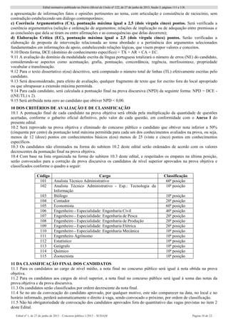Edital normativo publicado no Diário Oficial da União no
122, de 27 de junho de 2013, Seção 3, páginas 111 a 118.
Edital no
1, de 27 de junho de 2013 – Concurso público 1/2013 – SUDAM Página 10 de 22 
a apresentação de informações fatos e opiniões pertinentes ao tema, com articulação e consistência de raciocínio, sem
contradição estabelecendo um diálogo contemporâneo;
c) Coerência Argumentativa (CA), pontuação máxima igual a 2,5 (dois vírgula cinco) pontos. Será verificada a
coerência argumentativa (seleção e ordenação de argumentos; relações de implicação ou de adequação entre premissas e
as conclusões que dela se tiram ou entre afirmações e as consequências que delas decorrem);
d) Elaboração Crítica (EC), pontuação máxima igual a 2,5 (dois vírgula cinco) pontos. Serão verificadas a
elaboração de proposta de intervenção relacionada ao tema abordado e a pertinência dos argumentos selecionados
fundamentados em informações de apoio, estabelecendo relações lógicas, que visem propor valores e conceitos.
9.10 Desta forma, DCE (domínio do conhecimento específico) = TX + AR + CA + EC.
9.11 A avaliação do domínio da modalidade escrita da língua portuguesa totalizará o número de erros (NE) do candidato,
considerando-se aspectos como acentuação, grafia, pontuação, concordância, regência, morfossintaxe, propriedade
vocabular e translineação.
9.12 Para o texto dissertativo e(ou) descritivo, será computado o número total de linhas (TL) efetivamente escritas pelo
candidato.
9.13 Será desconsiderado, para efeito de avaliação, qualquer fragmento de texto que for escrito fora do local apropriado
ou que ultrapassar a extensão máxima permitida.
9.14 Para cada candidato, será calculada a pontuação final na prova discursiva (NPD) da seguinte forma: NPD = DCE -
((NE/TL) x 2).
9.15 Será atribuída nota zero ao candidato que obtiver NPD < 0,00.
10 DOS CRITÉRIOS DE AVALIAÇÃO E DE CLASSIFICAÇÃO
10.1 A pontuação final de cada candidato na prova objetiva será obtida pela multiplicação da quantidade de questões
acertadas, conforme o gabarito oficial definitivo, pelo valor de cada questão, em conformidade com o Anexo I do
presente edital.
10.2 Será reprovado na prova objetiva e eliminado do concurso público o candidato que obtiver nota inferior a 50%
(cinquenta por cento) da pontuação total máxima permitida para cada um dos conhecimentos avaliados na prova, ou seja,
menos de 12 (doze) pontos em conhecimentos básicos e(ou) menos de 25 (vinte e cinco) pontos em conhecimentos
específicos.
10.3 Os candidatos não eliminados na forma do subitem 10.2 deste edital serão ordenados de acordo com os valores
decrescentes da pontuação final na prova objetiva.
10.4 Com base na lista organizada na forma do subitem 10.3 deste edital, e respeitados os empates na última posição,
serão convocados para a correção da prova discursiva os candidatos de nível superior aprovados na prova objetiva e
classificados conforme o quadro a seguir:
Código Cargo Classificação
101 Analista Técnico Administrativo 60ª posição
102 Analista Técnico Administrativo - Esp.: Tecnologia da
Informação
10ª posição
103 Biólogo 10ª posição
104 Contador 20ª posição
105 Economista 60ª posição
106 Engenheiro - Especialidade: Engenharia Civil 40ª posição
107 Engenheiro - Especialidade: Engenharia de Pesca 20ª posição
108 Engenheiro - Especialidade: Engenharia de Produção 20ª posição
109 Engenheiro - Especialidade: Engenharia Elétrica 20ª posição
110 Engenheiro - Especialidade: Engenharia Mecânica 10ª posição
111 Engenheiro Agrônomo 10ª posição
112 Estatístico 10ª posição
113 Geógrafo 10ª posição
114 Químico 10ª posição
115 Zootecnista 10ª posição
11 DA CLASSIFICAÇÃO FINAL DOS CANDIDATOS
11.1 Para os candidatos ao cargo de nível médio, a nota final no concurso público será igual à nota obtida na prova
objetiva.
11.2 Para os candidatos aos cargos de nível superior, a nota final no concurso público será igual à soma das notas da
prova objetiva e da prova discursiva.
11.3 Os candidatos serão classificados por ordem decrescente da nota final.
11.4 Se no ato da convocação do candidato aprovado, por qualquer motivo, este não comparecer na data, no local e no
horário informado, perderá automaticamente o direito à vaga, sendo convocado o próximo, por ordem de classificação.
11.5 Não há obrigatoriedade de convocação dos candidatos aprovados fora do quantitativo das vagas previstas no item 2
deste Edital.
 