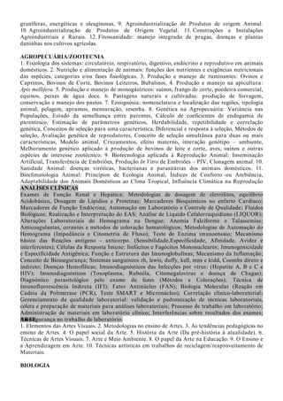 e oportunidades de negócios; Organização do novo negócio; Fases do desenvolvimento de um novo
negócio; Estruturação da equipe; Análise de viabilidade; Fontes de financiamento e negociação de
empréstimos; Formulação de plano de negócio.
AGRICULTURA
1. Manejo e Fertilidade dos Solos agrícolas. 2. Manejo de Irrigação. 3. Máquinas e implementos
agrícolas. 4. Topografia: Planimetria e Altimetria. 5. Agricultura Familiar e Desenvolvimento
Rural Sustentável. 6. Agroecologia: conceitos, objetivos e aplicações. 07. Sistemas de cultivo e
manejo de olerícolas, ornamentais e plantas aromáticas. 08. Sistemas de cultivo e manejo de
frutíferas tropicais. 09. Sistemas de cultivo e manejo de plantas graníferas, energéticas e
oleaginosas. 10. Agroindustrialização de Produtos de Origem Vegetal: Fisiologia pós-colheita e
processamento de frutas e hortaliças. 11. Fitossanidade: manejo integrado de pragas, doenças e
plantas daninhas nos cultivos agrícolas. 12. Silvicultura e Sistemas Agroflorestais.
AGROINDÚSTRIA/ PRODUÇÃO DE ALIMENTOS
1. Química geral e experimental. 2. Compostos orgânicos e reações de interesse em alimentos. 3.
Bioquímica geral e de alimentos. 4. Alterações físico-químicas em alimentos processados. 5. Análise
de alimentos. 6. Conservação de alimentos. 7. Higiene e sanitização agroindustrial. 8. Microbiologia
geral e de alimentos. 9. Processos fermentativos. 10. Boas Práticas de Fabricação e Análise de
Perigos e Pontos Críticos de Controle. 11. Matérias-primas agroindustriais. 12. Tecnologia de
produtos de origem animal. 13. Tecnologia de produtos de origem vegetal. 14. Instalações e
equipamentos agroindustriais. 15. Projetos agroindustriais. 16. Desenvolvimento de novos
produtos. 17. Embalagens. 18. Operações Unitárias na agroindústria. 19. Tratamentos dos resíduos
agroindustriais. 20. Aproveitamento de subprodutos agroindustriais. 21. Utilização racional dos
recursos naturais. 22. Uso e reuso de água na agroindústria. 23. Desenvolvimento e sustentabilidade
ambiental. 24. Economia agroindustrial. 25. Legislação e vigilância agroindustrial. 26.
Empreendedorismo e gestão tecnológica. 27. Planejamento e desenvolvimento de agroindústria. 28.
Comercialização e marketing. 29. Logística e distribuição. 30. Responsabilidade socioambiental.
AGRONEGÓCIO/ AGRICULTURA/ AGROPECUÁRIA
1. Conceituação e importância da cadeia produtiva do Agronegócio no Piauí. 2. Manejo de
pastagens. 3. Máquinas e implementos utilizados para implantação das culturas e preparo do solo.
4. Sistemas de cultivo e manejo de frutíferas tropicais. 5. Sistemas de cultivo e manejo de plantas
graníferas, energéticas e oleaginosas. 6. Sistemas de cultivo e manejo de olerícolas, ornamentais,
medicinais e aromáticas. 7. Agroindustrialização de produtos de origem animal e Vegetal. 8.
Sistemas de irrigação e a otimização do uso da água. 9. Manejo e Fertilidade dos Solos Agrícolas
dos Cerrados. 10. Produção e manejo de ruminantes: Ovinos, Caprinos e Bovinos. 11. Produção e
manejo de monogástricos: Aves e suínos. 12. Construções e Instalações Rurais.
AGROPECUÁRIA
01. Manejo e Fertilidade dos Solos agrícolas. 02. Manejo de Irrigação. 03. Máquinas e implementos
agrícolas. 04. Topografia: Planimetria e Altimetria. 05. Agricultura Familiar e Desenvolvimento
Rural Sustentável. 06. Agroecologia: conceitos, objetivos e aplicações; 07. Sistemas de cultivo e
manejo de olerícolas, ornamentais e plantas aromáticas. 08. Sistemas de cultivo e manejo de
frutíferas tropicais. 09. Sistemas de cultivo e manejo de plantas graníferas, energéticas e
oleaginosas. 10. Agroindustrialização de Produtos de Origem Vegetal: Fisiologia pós-colheita e
processamento de frutas e hortaliças. 11. Fitossanidade: manejo integrado de pragas, doenças e
plantas daninhas nos cultivos agrícolas. 12. Silvicultura e Sistemas Agroflorestais. 13. Construções e
Instalações Rurais
AGROPECUÁRIA/ AGROINDÚSTRIA
1. Manejo e Fertilidade dos Solos agrícolas dos Cerrados. 2. Manejo de Irrigação. 3. Máquinas e
implementos agrícolas. 4. Topografia: Planimetria e Altimetria. 5. Silvicultura e sistemas
agroflorestais. 6. Sistemas de cultivo e manejo de olerícolas, ornamentais, medicinais e aromáticas.
7. Sistemas de cultivo e manejo de frutíferas tropicais. 8. Sistemas de cultivo e manejo de plantas
 