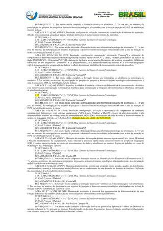 PRÉ-REQUISITO: 1. Ter ensino médio completo e formação técnica em eletrônica. 2. Ter um ano, no mínimo, de
participação em projetos de pesquisa e desenvolvimento tecnológico relacionados com a área de atuação no INPE ou habilitação
inerente à classe.
         ÁREA DE ATUAÇÃO NO INPE: Instalação, configuração, utilização, manutenção e atualização de sistemas de aquisição,
difusão, processamento e geração de dados e produtos derivados de sensoriamento remoto da atmosfera.
         Nº DE VAGAS: 1
         1.10 CARGO CÓDIGO (TM10): TÉCNICO da Carreira de Desenvolvimento Tecnológico
         CLASSE: Técnico 1 Padrão I
         LOCALIDADE DE TRABALHO: Cachoeira Paulista/SP
         PRÉ-REQUISITO: 1. Ter ensino médio completo e formação técnica em informática/tecnologia da informação. 2. Ter um
ano, no mínimo, de participação em projetos de pesquisa e desenvolvimento tecnológico relacionados com a área de atuação no
INPE ou habilitação inerente à classe.
         ÁREA DE ATUAÇÃO NO INPE: Instalação, configuração, manutenção, otimização ("tunning") e utilização de
componentes de ambiente computacional heterogêneo em sistemas operacionais UNIX, Linux, sistemas gerenciadores de bancos de
dados POSTGRESQL, bibliotecas POSTGIS, sistemas de backup e gerenciamento hierárquico de arquivos integrados a bibliotecas
robotizadas de fitas magnéticas, "containers" WEB para ambiente JAVA; desenvolvimento de sistemas WEB utilizando linguagem
JAVA; armazenamento e recuperação de dados e produtos de sistemas satelitários de sensoriamento remoto da atmosfera.
         Nº DE VAGAS: 1
         1.11 CARGO CÓDIGO (TM11): TÉCNICO da Carreira de Desenvolvimento Tecnológico
         CLASSE: Técnico 1 Padrão I
         LOCALIDADE DE TRABALHO: Cachoeira Paulista/SP
         PRÉ-REQUISITO: 1. Ter ensino médio completo e formação técnica em informática ou eletrônica ou metrologia ou
mecânica. 2. Ter um ano, no mínimo, de participação em projetos de pesquisa e desenvolvimento tecnológico relacionados com a
área de atuação no INPE ou habilitação inerente à classe.
         ÁREA DE ATUAÇÃO NO INPE: Suporte a atividades de ensaio e calibração em laboratórios de instrumentação eletrônica
e/ou meteorológica; configuração e utilização de interfaces para comunicação e integração de instrumentação eletrônica; utilização
de planilhas eletrônicas.
         Nº DE VAGAS: 1
         1.12 CARGO CÓDIGO (TM12): TÉCNICO da Carreira de Desenvolvimento Tecnológico
         CLASSE: Técnico 1 Padrão I
         LOCALIDADE DE TRABALHO: Cachoeira Paulista/SP
         PRÉ-REQUISITO: 1. Ter ensino médio completo e formação técnica em informática/tecnologia da informação. 2. Ter um
ano, no mínimo, de participação em projetos de pesquisa e desenvolvimento tecnológico relacionados com a área de atuação no
INPE ou habilitação inerente à classe.
         ÁREA DE ATUAÇÃO NO INPE: Instalação, configuração, utilização e manutenção de componentes de ambiente
computacional heterogêneo com sistemas operacionais UNIX, Linux, Windows e MacOS, clusters de alto desempenho e alta
disponibilidade, sistemas de backup, redes de armazenamento SAN e NAS, infraestrutura de rede de dados e desenvolvimento de
scripts em linguagens SHELL, ou C, Python, Perl. (Redação dada pelo Edital 3 de 06/06/2012)
         Nº DE VAGAS: 2
         1.13 CARGO CÓDIGO (TM13): TÉCNICO da Carreira de Desenvolvimento Tecnológico
         CLASSE: Técnico 1 Padrão I
         LOCALIDADE DE TRABALHO: Cachoeira Paulista/SP
         PRÉ-REQUISITO: 1. Ter ensino médio completo e formação técnica em informática/tecnologia da informação. 2. Ter um
ano, no mínimo, de participação em projetos de pesquisa e desenvolvimento tecnológico relacionados com a área de atuação no
INPE ou habilitação inerente à classe.
         ÁREA DE ATUAÇÃO NO INPE: Operação de sistemas de computação com sistemas operacionais Unix, Linux, Windows
e MacOS; monitoramento de equipamentos, redes, sistemas e processos operacionais; desenvolvimento de scripts em linguagens
SHELL; rotinas operacionais de um centro de processamento de dados e atendimento ao usuário. Regime de trabalho em turno de
06 horas por dia, 30 horas por semana.
         Nº DE VAGAS: 12
         1.14 CARGO CÓDIGO (TM14): TÉCNICO da Carreira de Desenvolvimento Tecnológico
         CLASSE: Técnico 1 Padrão I
         LOCALIDADE DE TRABALHO: Cuiabá/MT
         PRÉ-REQUISITO: 1. Ter ensino médio completo e formação técnica em Eletrotécnica ou Eletrônica ou Eletromecânica. 2.
Ter um ano, no mínimo, de participação em projetos de pesquisa e desenvolvimento tecnológico relacionados com a área de atuação
no INPE ou habilitação inerente à classe.
         ÁREA DE ATUAÇÃO NO INPE: Manutenção preventiva e corretiva de um grupo motor gerador, quadros de distribuição,
transformadores, nobreak e infraestrutura predial elétrica e de ar condicionado de uma Estação de Rastreio de Satélites. Definição
das necessidades de sobressalentes destes sistemas.
         Nº DE VAGAS: 1
         1.15 CARGO CÓDIGO (TM15): TÉCNICO da Carreira de Desenvolvimento Tecnológico
         CLASSE: Técnico 1 Padrão I
         LOCALIDADE DE TRABALHO: Cuiabá/MT
         PRÉ-REQUISITO: 1. Ter ensino médio completo e formação técnica em Eletrônica ou Telecomunicações ou Eletrotécnica.
2. Ter um ano, no mínimo, de participação em projetos de pesquisa e desenvolvimento tecnológico relacionados com a área de
atuação no INPE ou habilitação inerente à classe.
         ÁREA DE ATUAÇÃO NO INPE: Manutenção preventiva e corretiva dos equipamentos de telecomunicação de uma
Estação de Rastreio de Satélites. Definição das necessidades de sobressalentes destes equipamentos.
         Nº DE VAGAS: 1
         1.16 CARGO CÓDIGO (TM16): TÉCNICO da Carreira de Desenvolvimento Tecnológico
         CLASSE: Técnico 1 Padrão I
         LOCALIDADE DE TRABALHO: São José dos Campos/SP
         PRÉ-REQUISITO: 1. Ter ensino médio completo e formação técnica em química ou diploma de Técnico em Química ou
química industrial. 2. Ter um ano, no mínimo, de participação em projetos de pesquisa e desenvolvimento tecnológico relacionados
com a área de atuação no INPE ou habilitação inerente à classe.
 