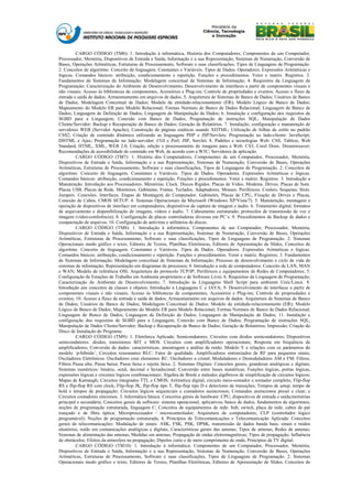 CARGO CÓDIGO (TM6): 1. Introdução à informática, História dos Computadores, Componentes de um Computador,
Processador, Memória, Dispositivos de Entrada e Saída, Informação e a sua Representação, Sistemas de Numeração, Conversão de
Bases, Operações Aritméticas, Estruturas de Processamento, Software e suas classificações, Tipos de Linguagens de Programação.
2. Conceitos de algoritmo. Conceito de linguagem. Constantes e Variáveis. Tipos de Dados. Operadores. Expressões Aritméticas e
lógicas. Comandos básicos: atribuição, condicionamento e repetição. Funções e procedimentos. Vetor e matriz. Registros. 3.
Fundamentos de Sistemas de Informação; Modelagem conceitual de Sistemas de Informação; 4. Requisitos da Linguagem de
Programação; Caracterização do Ambiente de Desenvolvimento; Desenvolvimento de interfaces a partir de componentes visuais e
não visuais; Acesso às bibliotecas de componentes, Acessórios e Plug-ins; Controle de propriedades e eventos; Acesso a fluxo de
entrada e saída de dados; Armazenamento em arquivos de dados. 5. Arquitetura de Sistemas de Banco de Dados; Usuários de Banco
de Dados; Modelagem Conceitual de Dados; Modelo de entidade-relacionamento (ER); Modelo Lógico de Banco de Dados;
Mapeamento do Modelo ER para Modelo Relacional; Formas Normais de Banco de Dados Relacional; Linguagem de Banco de
Dados; Linguagem de Definição de Dados; Linguagem de Manipulação de Dados; 6. Instalação e configuração dos requisitos de
SGBD para a Linguagem; Conexão com Banco de Dados; Programação de instruções SQL; Manipulação de Dados
Cliente/Servidor; Backup e Recuperação de Banco de Dados; Geração de Relatórios. 7. Instalação, configuração e manutenção de
servidores WEB (Servidor Apache); Construção de páginas estáticas usando XHTML; Utilização de folhas de estilo no padrão
CSS2; Criação de conteúdo dinâmico utilizando as linguagens PHP e JSP/Servlets; Programação no lado-cliente: JavaScript;
DHTML e Ajax; Programação no lado-servidor: CGI e Perl; JSP, Servlet; 8. Padrões e tecnologias Web: CSS, Tabless, Web
Standard, HTML, XML, WEB 2.0; Criação, edição e processamento de imagens para a Web: CS3, Corel Draw, Dreamweaver;
Recomendações de acessibilidade de conteúdo em Web, de acordo com a W3C; Servidores de aplicação.
         CARGO CÓDIGO (TM7): 1. História dos Computadores, Componentes de um Computador, Processador, Memória,
Dispositivos de Entrada e Saída, Informação e a sua Representação, Sistemas de Numeração, Conversão de Bases, Operações
Aritméticas, Estruturas de Processamento, Software e suas classificações, Tipos de Linguagens de Programação. 2. Conceitos de
algoritmo. Conceito de linguagem. Constantes e Variáveis. Tipos de Dados. Operadores. Expressões Aritméticas e lógicas.
Comandos básicos: atribuição, condicionamento e repetição. Funções e procedimentos. Vetor e matriz. Registros. 3. Introdução a
Manutenção. Introdução aos Processadores. Memórias. Clock. Discos Rígidos. Placas de Vídeo. Modems. Drives. Placas de Som.
Placas USB. Placas de Rede. Monitores. Gabinetes. Fontes. Teclados. Adaptadores. Mouses. Periféricos. Coolers. Soquetes. Slots.
Jumpers. Conexões. Interfaces. Etapas de Montagem do Computador: Gabinetes, Placas de CPU, Fixação de Drives e Placas,
Conexão de Cabos, CMOS SETUP. 4. Sistemas Operacionais da Microsoft (Windows XP/Vista/7). 5. Manutenção, montagem e
operação de dispositivos de interface em computadores, dispositivos de captura de imagem e áudio. 6. Tratamento digital, formatos
de arquivamento e disponibilização de imagens, vídeos e áudio. 7. Cabeamento estruturado; protocolos de transmissão de voz e
imagem (vídeo-conferência); 8. Configuração de placas controladoras diversas em PC’s. 9. Procedimentos de Backup de dados e
compactação de arquivos. 10. Configuração de antivírus e utilitários de discos.
         CARGO CÓDIGO (TM8): 1. Introdução à informática: Componentes de um Computador, Processador, Memória,
Dispositivos de Entrada e Saída, Informação e a sua Representação, Sistemas de Numeração, Conversão de Bases, Operações
Aritméticas, Estruturas de Processamento, Software e suas classificações, Tipos de Linguagens de Programação. 2. Sistemas
Operacionais modo gráfico e texto, Editores de Textos, Planilhas Eletrônicas, Editores de Apresentação de Slides, Conceitos de
algoritmo. Conceito de linguagem. Constantes e Variáveis. Tipos de Dados. Operadores. Expressões Aritméticas e lógicas.
Comandos básicos: atribuição, condicionamento e repetição. Funções e procedimentos. Vetor e matriz. Registros; 3. Fundamentos
de Sistemas de Informação; Modelagem conceitual de Sistemas de Informação; Processo de desenvolvimento e ciclo de vida de
sistemas de informação; Representação em diagramas de processos; 4. Introdução a rede de computadores; Conceito de LAN, MAN
e WAN; Modelo de referência OSI; Arquitetura do protocolo TCP/IP; Periféricos e equipamentos de Redes de Computadores; 5.
Configuração de Estações de Trabalho em Ambiente proprietário e de Software Livre; 6. Requisitos da Linguagem de Programação;
Caracterização do Ambiente de Desenvolvimento; 7. Introdução às Linguagens Shell Script para ambiente Unix/Linux. 8.
Introdução aos conceitos de classes e objetos; Introdução à Linguagens C e JAVA; 9. Desenvolvimento de interfaces a partir de
componentes visuais e não visuais; Acesso às bibliotecas de componentes, Acessórios e Plug-ins; Controle de propriedades e
eventos; 10. Acesso a fluxo de entrada e saída de dados; Armazenamento em arquivos de dados. Arquitetura de Sistemas de Banco
de Dados; Usuários de Banco de Dados; Modelagem Conceitual de Dados; Modelo de entidade-relacionamento (ER); Modelo
Lógico de Banco de Dados; Mapeamento do Modelo ER para Modelo Relacional; Formas Normais de Banco de Dados Relacional;
Linguagem de Banco de Dados; Linguagem de Definição de Dados; Linguagem de Manipulação de Dados; 11. Instalação e
configuração dos requisitos de SGBD para a Linguagem; Conexão com Banco de Dados; Programação de instruções SQL;
Manipulação de Dados Cliente/Servidor; Backup e Recuperação de Banco de Dados; Geração de Relatórios; Impressão; Criação do
Disco de Instalação do Programa.
         CARGO CÓDIGO (TM9): 1. Eletrônica Aplicada: Semicondutores. Circuitos com diodos semicondutores; Dispositivos
semicondutores: diodos, transistores BJT e MOS. Circuitos com amplificadores operacionais; Resposta em frequência de
amplificadores; Conversão de dados: características, amostragem e análise de ruído; Modelo Y e relações com os parâmetros do
modelo ´p-híbrido´; Circuitos ressonantes RLC: Fator de qualidade; Amplificadores sintonizados de RF para pequenos sinais;
Osciladores Eletrônicos. Osciladores com elementos RC. Osciladores a cristal; Moduladores e Demoduladores AM e FM; Filtros;
Filtros Passa alta; Passa baixa; Passa faixa e rejeita faixa. 2. Sistemas Digitais: Conceitos gerais, grandezas analógicas e digitais;
Sistemas numéricos: binário, octal, decimal e hexadecimal; Conversão entre bases numéricas; Funções lógicas, portas lógicas,
expressões lógicas e circuitos lógicos combinacionais; Álgebra de Boole e métodos algébricos de simplificação de circuitos lógicos;
Mapas de Karnaugh; Circuitos integrados TTL e CMOS; Aritmética digital, circuito meio-somador e somador completo; Flip-flop
RS e flip-flop RS com clock; Flip-flop JK, flip-flop tipo T, flip-flop tipo D e detectores de transições; Tempos de setup, tempo de
hold e tempos de propagação; Circuitos lógicos sequenciais e contadores assíncronos; Comandos assíncronos preset e clear; e
Circuitos contadores síncronos. 3. Informática básica: Conceitos gerais de hardware: CPU, dispositivos de entrada e saída;memórias
principal e secundária; Conceitos gerais de software: sistema operacional, aplicativos, banco de dados, fundamentos de algoritmos,
noções de programação estruturada, linguagem C; Conceitos de equipamentos de rede: hub, switch, placa de rede, cabos de par
trançado e de fibra óptica; Microprocessador / microcontrolador; Arquitetura de computadores; CLP (controlador lógico
programável); Noções de programação estruturada; 4. Princípios de Telecomunicações e Telecomunicação Aplicada: Conceitos
gerais de telecomunicações: Modulação de sinais: ASK, FSK, PSK, DPSK, transmissão de dados banda base, sinais e ruídos
aleatórios, ruído em comunicações analógicas e digitais, Características gerais das antenas; Tipos de antenas; Redes de antenas;
Sistemas de alimentação das antenas; Medidas em antenas; Propagação de ondas eletromagnéticas; Tipos de propagação; Influência
de obstáculos; Efeitos da atmosfera na propagação; Dipolos curto e de meio comprimento de onda; Princípios da TV digital.
         CARGO CÓDIGO (TM10): 1. Introdução à informática: Componentes de um Computador, Processador, Memória,
Dispositivos de Entrada e Saída, Informação e a sua Representação, Sistemas de Numeração, Conversão de Bases, Operações
Aritméticas, Estruturas de Processamento, Software e suas classificações, Tipos de Linguagens de Programação. 2. Sistemas
Operacionais modo gráfico e texto, Editores de Textos, Planilhas Eletrônicas, Editores de Apresentação de Slides, Conceitos de
 