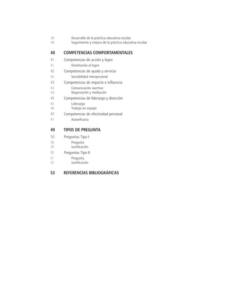 38 Desarrollo de la práctica educativa escolar 
38 Seguimiento y mejora de la práctica educativa escolar 
40 COMPETENCIAS COMPORTAMENTALES 
41 Competencias de acción y logro 
41 Orientación al logro 
42 Competencias de ayuda y servicio 
42 Sensibilidad interpersonal 
43 Competencias de impacto e influencia 
43 Comunicación asertiva 
44 Negociación y mediación 
45 Competencias de liderazgo y dirección 
45 Liderazgo 
46 Trabajo en equipo 
47 Competencias de efectividad personal 
47 Autoeficacia 
49 TIPOS DE PREGUNTA 
50 Preguntas Tipo I 
50 Pregunta 
50 Justificación 
51 Preguntas Tipo II 
51 Pregunta 
52 Justificación 
53 REFERENCIAS BIBLIOGRÁFICAS  