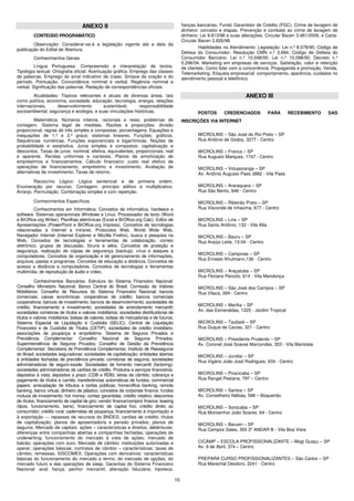 ANEXO II                                                  fianças bancárias; Fundo Garantidor de Crédito (FGC). Crime de lavagem de
                                                                                             dinheiro: conceito e etapas. Prevenção e combate ao crime de lavagem de
         CONTEÚDO PROGRAMÁTICO                                                               dinheiro: Lei 9.613/98 e suas alterações, Circular Bacen 3.461/2009, e Carta-
                                                                                             Circular Bacen 2.826/98.
        Observação: Considerar-se-á a legislação vigente até a data da
publicação do Edital de Abertura.                                                                     Habilidades no Atendimento: Legislação: Lei n.º 8.078/90; Código de
                                                                                             Defesa do Consumidor; Resolução CMN n.º 3.694; Código de Defesa do
         Conhecimentos Gerais                                                                Consumidor Bancário; Lei n.º 10.048/00; Lei n.º 10.098/00; Decreto n.º
                                                                                             5.296/04. Marketing em empresas de serviços. Satisfação, valor e retenção
         Língua Portuguesa: Compreensão e interpretação de textos.                           de clientes. Como lidar com a concorrência. Propaganda e promoção. Venda.
Tipologia textual. Ortografia oficial. Acentuação gráfica. Emprego das classes               Telemarketing. Etiqueta empresarial: comportamento, aparência, cuidados no
de palavras. Emprego do sinal indicativo de crase. Sintaxe da oração e do                    atendimento pessoal e telefônico.
período. Pontuação. Concordância nominal e verbal. Regência nominal e
verbal. Significação das palavras. Redação de correspondências oficiais.
         Atualidades: Tópicos relevantes e atuais de diversas áreas, tais                                                   ANEXO III
como política, economia, sociedade, educação, tecnologia, energia, relações
internacionais,     desenvolvimento       sustentável,     responsabilidade
socioambiental, segurança e ecologia, e suas vinculações históricas.                                 POSTOS       CREDENCIADOS            PARA    RECEBIMENTO        DAS
         Matemática: Números inteiros, racionais e reais; problemas de                       INSCRIÇÕES VIA INTERNET
contagem. Sistema legal de medidas. Razões e proporções; divisão
proporcional; regras de três simples e compostas; porcentagens. Equações e
inequações de 1.º e 2.º graus; sistemas lineares. Funções; gráficos.                                 MICROLINS – São José do Rio Preto – SP
Sequências numéricas. Funções exponenciais e logarítmicas. Noções de                                 Rua Antônio de Godoy, 3277 - Centro
probabilidade e estatística. Juros simples e compostos: capitalização e
descontos. Taxas de juros: nominal, efetiva, equivalentes, proporcionais, real                       MICROLINS – Franca – SP
e aparente. Rendas uniformes e variáveis. Planos de amortização de                                   Rua Augusto Marques, 1747 - Centro
empréstimos e financiamentos. Cálculo financeiro: custo real efetivo de
operações de financiamento, empréstimo e investimento. Avaliação de                                  MICROLINS – Votuporanga – SP
alternativas de investimento. Taxas de retorno.                                                      Av. Antônio Augusto Paes 3882 - Vila Paes
         Raciocínio Lógico: Lógica sentencial e de primeira ordem.
Enumeração por recurso. Contagem: princípio aditivo e multiplicativo.                                MICROLINS – Araraquara – SP
Arranjo. Permutação. Combinação simples e com repetição.                                             Rua São Bento, 646 - Centro

         Conhecimentos Específicos                                                                   MICROLINS – Ribeirão Preto – SP
         Conhecimentos em Informática: Conceitos de informática, hardware e                          Rua Visconde de Inhaúma, 677 - Centro
software. Sistemas operacionais Windows e Linux. Processador de texto (Word
e BrOffice.org Writer). Planilhas eletrônicas (Excel e BrOffice.org Calc). Editor de                 MICROLINS – Lins – SP
Apresentações (PowerPoint e BrOffice.org Impress). Conceitos de tecnologias                          Rua Santo Antônio, 133 - Vila Alta
relacionadas à Internet e Intranet, Protocolos Web, World Wide Web,
Navegador Internet (Internet Explorer e Mozilla Firefox), busca e pesquisa na                        MICROLINS – Bauru – SP
Web. Conceitos de tecnologias e ferramentas de colaboração, correio                                  Rua Araújo Leite, 13-04 - Centro
eletrônico, grupos de discussão, fóruns e wikis. Conceitos de proteção e
segurança, realização de cópias de segurança (backup), vírus e ataques a
                                                                                                     MICROLINS – Campinas – SP
computadores. Conceitos de organização e de gerenciamento de informações,
                                                                                                     Rua Ernesto Khulmann,136 - Centro
arquivos, pastas e programas. Conceitos de educação a distância. Conceitos de
acesso a distância a computadores. Conceitos de tecnologias e ferramentas
multimídia, de reprodução de áudio e vídeo.                                                          MICROLINS – Araçatuba – SP
                                                                                                     Rua Floriano Peixoto, 614 - Vila Mendonça
          Conhecimentos Bancários: Estrutura do Sistema Financeiro Nacional:
Conselho Monetário Nacional; Banco Central do Brasil; Comissão de Valores                            MICROLINS – São José dos Campos – SP
Mobiliários; Conselho de Recursos do Sistema Financeiro Nacional; bancos                             Rua Vilaca, 394 - Centro
comerciais; caixas econômicas; cooperativas de crédito; bancos comerciais
cooperativos; bancos de investimento; bancos de desenvolvimento; sociedades de
crédito, financiamento e investimento; sociedades de arrendamento mercantil;                         MICROLINS – Marília – SP
sociedades corretoras de títulos e valores mobiliários; sociedades distribuidoras de                 Av. das Esmeraldas, 1225 - Jardim Tropical
títulos e valores mobiliários; bolsas de valores; bolsas de mercadorias e de futuros;
Sistema Especial de Liquidação e Custódia (SELIC); Central de Liquidação                             MICROLINS – Taubaté – SP
Financeira e de Custódia de Títulos (CETIP); sociedades de crédito imobiliário;                      Rua Duque de Caxias, 321 - Centro
associações de poupança e empréstimo. Sistema de Seguros Privados e
Previdência Complementar: Conselho Nacional de Seguros Privados;                                     MICROLINS – Presidente Prudente – SP
Superintendência de Seguros Privados; Conselho de Gestão da Previdência                              Av. Coronel José Soares Marcondes, 353 - Vila Maristela
Complementar; Secretaria de Previdência Complementar; Instituto de Resseguros
do Brasil; sociedades seguradoras; sociedades de capitalização; entidades abertas                    MICROLINS – Jundiaí – SP
e entidades fechadas de previdência privada; corretoras de seguros; sociedades                       Rua Vigário João José Rodrigues, 634 - Centro
administradoras de seguro-saúde. Sociedades de fomento mercantil (factoring);
sociedades administradoras de cartões de crédito. Produtos e serviços financeiros:
depósitos à vista; depósitos a prazo (CDB e RDB); letras de câmbio; cobrança e                       MICROLINS – Piracicaba – SP
pagamento de títulos e carnês; transferências automáticas de fundos; commercial                      Rua Rangel Pestana, 797 – Centro
papers; arrecadação de tributos e tarifas públicas; home/office banking, remote
banking, banco virtual, dinheiro de plástico; conceitos de corporate finance; fundos                 MICROLINS – Santos – SP
mútuos de investimento; hot money; contas garantidas; crédito rotativo; descontos                    Av. Conselheiro Nébias, 596 – Boqueirão
de títulos; financiamento de capital de giro; vendor finance/compror finance; leasing
(tipos, funcionamento, bens); financiamento de capital fixo; crédito direto ao                       MICROLINS – Sorocaba – SP
consumidor; crédito rural; cadernetas de poupança; financiamento à importação e                      Rua Monsenhor João Soares, 64 - Centro
à exportação  repasses de recursos do BNDES; cartões de crédito; títulos
de capitalização; planos de aposentadoria e pensão privados; planos de                               MICROLINS – Barueri – SP
seguros. Mercado de capitais: ações – características e direitos; debêntures;                        Rua Campos Sales, 355 2º ANDAR B - Vila Boa Vista
diferenças entre companhias abertas e companhias fechadas; operações de
underwriting; funcionamento do mercado à vista de ações; mercado de
balcão; operações com ouro. Mercado de câmbio: instituições autorizadas a                            CICAMP – ESCOLA PROFISSIONALIZANTE – Mogi Guaçu – SP
operar; operações básicas; contratos de câmbio – características; taxas de                           Av. 9 de Abril, 374 – Centro
câmbio; remessas; SISCOMEX. Operações com derivativos: características
básicas do funcionamento do mercado a termo, do mercado de opções, do                                PREPARA CURSO PROFISSIONALIZANTES – São Carlos – SP
mercado futuro e das operações de swap. Garantias do Sistema Financeiro                              Rua Marechal Deodoro, 2241 - Centro
Nacional: aval; fiança; penhor mercantil; alienação fiduciária; hipoteca;

                                                                                        10
 
