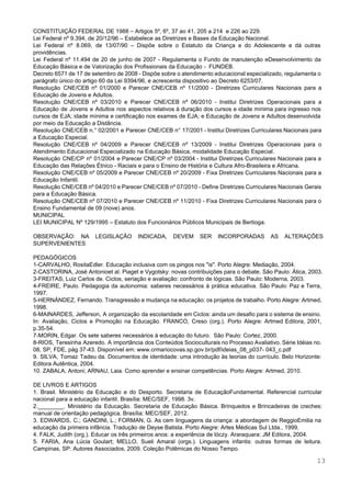  
 
CONSTITUIÇÃO FEDERAL DE 1988 – Artigos 5º, 6º, 37 ao 41, 205 a 214  e 226 ao 229. 
Lei Federal nº 9.394, de 20/12/96 – Estabelece as Diretrizes e Bases da Educação Nacional. 
Lei Federal nº 8.069, de 13/07/90 – Dispõe sobre o Estatuto da Criança e do Adolescente e dá outras                                     
providências. 
Lei Federal nº 11.494 de 20 de junho de 2007 ­ Regulamenta o Fundo de manutenção eDesenvolvimento da                                   
Educação Básica e de Valorização dos Profissionais da Educação ­  FUNDEB. 
Decreto 6571 de 17 de setembro de 2008 ­ Dispõe sobre o atendimento educacional especializado, regulamenta o                                 
parágrafo único do artigo 60 da Lei 9394/96, e acrescenta dispositivo ao Decreto 6253/07. 
Resolução CNE/CEB nº 01/2000 e Parecer CNE/CEB nº 11/2000 ­ Diretrizes Curriculares Nacionais para a                             
Educação de Jovens e Adultos. 
Resolução CNE/CEB nº 03/2010 e Parecer CNE/CEB nº 06/2010 ­ Institui Diretrizes Operacionais para a                             
Educação de Jovens e Adultos nos aspectos relativos à duração dos cursos e idade mínima para ingresso nos                                   
cursos de EJA; idade mínima e certificação nos exames de EJA; e Educação de Jovens e Adultos desenvolvida                                   
por meio da Educação a Distância. 
Resolução CNE/CEB n.° 02/2001 e Parecer CNE/CEB n° 17/2001 ­ Institui Diretrizes Curriculares Nacionais para                             
a Educação Especial. 
Resolução CNE/CEB nº 04/2009 e Parecer CNE/CEB nº 13/2009 ­ Institui Diretrizes Operacionais para o                             
Atendimento Educacional Especializado na Educação Básica, modalidade Educação Especial. 
Resolução CNE/CP nº 01/2004 e Parecer CNE/CP nº 03/2004 ­ Institui Diretrizes Curriculares Nacionais para a                               
Educação das Relações Étnico ­ Raciais e para o Ensino de História e Cultura Afro­Brasileira e Africana. 
Resolução CNE/CEB nº 05/2009 e Parecer CNE/CEB nº 20/2009 ­ Fixa Diretrizes Curriculares Nacionais para a                               
Educação Infantil. 
Resolução CNE/CEB nº 04/2010 e Parecer CNE/CEB nº 07/2010 ­ Define Diretrizes Curriculares Nacionais Gerais                             
para a Educação Básica. 
Resolução CNE/CEB nº 07/2010 e Parecer CNE/CEB nº 11/2010 ­ Fixa Diretrizes Curriculares Nacionais para o                               
Ensino Fundamental de 09 (nove) anos. 
MUNICIPAL 
LEI MUNICIPAL Nº 129/1995 – Estatuto dos Funcionários Públicos Municipais de Bertioga. 
 
OBSERVAÇÃO: NA LEGISLAÇÃO INDICADA, DEVEM SER INCORPORADAS AS ALTERAÇÕES                 
SUPERVENIENTES 
 
PEDAGÓGICOS 
1­CARVALHO, RositaEdler. Educação inclusiva com os pingos nos "is". Porto Alegre: Mediação, 2004. 
2­CASTORINA, José Antonioet al. Piaget e Vygotsky: novas contribuições para o debate. São Paulo: Ática, 2003. 
3­FREITAS, Luiz Carlos de. Ciclos, seriação e avaliação: confronto de lógicas. São Paulo: Moderna, 2003. 
4­FREIRE, Paulo. Pedagogia da autonomia: saberes necessários à prática educativa. São Paulo: Paz e Terra,                             
1997. 
5­HERNÁNDEZ, Fernando. Transgressão e mudança na educação: os projetos de trabalho. Porto Alegre: Artmed,                           
1998. 
6­MAINARDES, Jefferson, A organização da escolaridade em Ciclos: ainda um desafio para o sistema de ensino.                               
In: Avaliação, Ciclos e Promoção na Educação. FRANCO, Creso (org.). Porto Alegre: Artmed Editora, 2001,                             
p.35­54.  
7­MORIN, Edgar. Os sete saberes necessários à educação do futuro.  São Paulo: Cortez, 2000. 
8­RIOS, Teresinha Azeredo. A importância dos Conteúdos Socioculturais no Processo Avaliativo. Série Idéias no.                           
08, SP, FDE, pág 37­43. Disponível em: ​www.crmariocovas.sp.gov.br/pdf/ideias_08_p037­​ 043_c.pdf 
9. SILVA, Tomaz Tadeu da. Documentos de identidade: uma introdução às teorias do currículo. Belo Horizonte:                               
Editora Autêntica, 2004. 
10. ZABALA, Antoni; ARNAU, Laia. Como aprender e ensinar competências. Porto Alegre: Artmed, 2010. 
 
DE LIVROS E ARTIGOS 
1. Brasil. Ministério da Educação e do Desporto. Secretaria de EducaçãoFundamental. Referencial curricular                         
nacional para a educação infantil. Brasília: MEC/SEF, 1998. 3v. 
2.________. Ministério da Educação. Secretaria de Educação Básica. Brinquedos e Brincadeiras de creches:                         
manual de orientação pedagógica. Brasília: MEC/SEF, 2012. 
3. EDWARDS, C.; GANDINI, L.; FORMAN, G. As cem linguagens da criança: a abordagem de ReggioEmilia na                                 
educação da primeira infância. Tradução de Deyse Batista. Porto Alegre: Artes Médicas Sul Ltda., 1999. 
4. FALK, Judith (org.). Educar os três primeiros anos: a experiência de lóczy. Araraquara: JM Editora, 2004. 
5. FARIA, Ana Lúcia Goulart; MELLO, Sueli Amaral (orgs.). Linguagens infantis: outras formas de leitura.                             
Campinas, SP: Autores Associados, 2009. Coleção Polêmicas do Nosso Tempo. 
13 
 
 