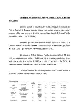 Dos fatos e dos fundamentos jurídicos em que se baseia a presente
ação judicial
Conforme apurado no inquérito civil nº 06.2018.00006525-3, em agosto de
2018 o Município de Botuverá instaurou licitação para contratar empresa para realizar
concurso público para provimento de vários cargos efetivos daquela Prefeitura (Pregão
Presencial nº 56/2018 - vide fls. 224/491).
A empresa que apresentou a melhor proposta e ganhou a licitação foi a
Caetanno Projetos e Assessoria Eireli EPP, situada no Município de Barreiras/BA, pelo valor
de R$ 21.700,00, o que ocorreu em setembro de 2018 (vide fl. 481).
Em outubro de 2018, a Caetanno Projetos e Assessoria Eireli EPP deu
início aos atos do concurso público nº 01/2018, de Botuverá, cujas provas objetivas foram
realizadas no mês de novembro de 2018 (vide edital do concurso às fls. 24/26). O
concurso continua em andamento, conforme cronograma de fl. 36.
Os cargos oferecidos no concurso promovido pela Caetanno Projetos e
Assessoria Eireli EPP eram de natureza variada, a saber:
NÍVEL FUNDAMENTAL
CARGO ESCOLARIDADE MÍNIMA
C.H.
SEMANAL
PROVAS VAGAS A/C INSCRIÇÃO TAXA DE REMUNERAÇÃO BÁSICA
Coveiro
Fundamental
Incompleto
40
Teórica e
prática.
01 R$ 50,00 R$ 1.649,41
Auxiliar de Serviços
Gerais
Fundamental
Incompleto
40 Teórica 03 R$ 50,00 R$ 1.191,96
Motorista
Fundamental Incompleto +
CNH Categoria “D”
40
Teórica e
Prática
04 R$ 50,00 R$ 1.649,41
Operador de
Máquinas e
Equipamentos
Fundamental Incompleto+
CNH Categoria “C”
40
Teórica e
Prática com
escavadeira
hidráulica
01 R$ 50,00 R$ 1.649,41
Pedreiro
Fundamental
Incompleto
40
Teórica e
prática
01 R$ 50,00 R$ 2.077,36
Servente de Obras Fundamental 40 Teórica 02 R$ 50,00 R$ 1.323,08
 