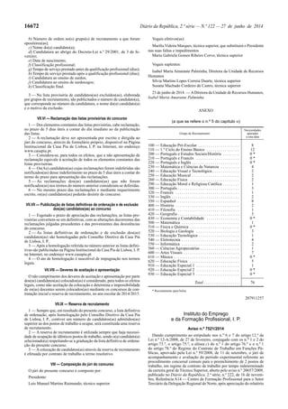 16672 Diário da República, 2.ª série — N.º 122 — 27 de junho de 2014
b) Número de ordem no(s) grupo(s) de recrutamento a que foram
opositores(as);
c) Nome do(a) candidato(a);
d) Candidatura ao abrigo do Decreto-Lei n.º 29/2001, de 3 de fe-
vereiro;
e) Data de nascimento;
f) Classificação profissional;
g) Tempo de serviço prestado antes da qualificação profissional (dias);
h) Tempo de serviço prestado após a qualificação profissional (dias);
i) Candidatura ao ensino de surdos;
j) Candidatura ao ensino de surdocegos;
k) Classificação final.
3 — Na lista provisória de candidatos(as) excluídos(as), elaborada
por grupos de recrutamento, são publicitados o número de candidato(a),
que corresponde ao número da candidatura, o nome do(a) candidato(a)
e o motivo da exclusão.
VII.VI — Reclamação das listas provisórias do concurso
1 — Dos elementos constantes das listas provisórias, cabe reclamação,
no prazo de 5 dias úteis a contar do dia imediato ao da publicitação
das listas.
2 — A reclamação deve ser apresentada por escrito e dirigida ao
júri do concurso, através de formulário próprio, disponível na Página
Institucional da Casa Pia de Lisboa, I. P. na Internet, no endereço
www.casapia.pt.
3 — Considera-se, para todos os efeitos, que a não apresentação de
reclamação equivale à aceitação de todos os elementos constantes das
listas provisórias.
4 — Os(As) candidatos(as) cujas reclamações forem indeferidas são
notificados(as) desse indeferimento no prazo de 5 dias úteis a contar do
termo do prazo para apresentação das reclamações.
5 — As reclamações dos(as) candidatos(as) que não forem
notificados(as) nos termos do número anterior consideram-se deferidas.
6 — No mesmo prazo das reclamações e mediante requerimento
escrito, os(as) candidatos(as) poderão desistir do concurso.
VII.VII — Publicitação de listas definitivas de ordenação e de exclusão
dos(as) candidatos(as) ao concurso
1 — Esgotado o prazo de apreciação das reclamações, as listas pro-
visórias convertem-se em definitivas, com as alterações decorrentes das
reclamações julgadas procedentes e das provenientes das desistências
do concurso.
2 — As listas definitivas de ordenação e de exclusão dos(as)
candidatos(as) são homologadas pelo Conselho Diretivo da Casa Pia
de Lisboa, I. P..
3 — Após a homologação referida no número anterior as listas defini-
tivas são publicitadas na Página Institucional da Casa Pia de Lisboa, I. P.
na Internet, no endereço www.casapia.pt.
4 — O ato de homologação é suscetível de impugnação nos termos
legais.
VII.VIII — Deveres de aceitação e apresentação
O não cumprimento dos deveres de aceitação e apresentação por parte
dos(as) candidatos(as) colocados(as) é considerado, para todos os efeitos
legais, como não aceitação da colocação e determina a impossibilidade
de os(as) docentes serem colocados(as) mediante os concursos de con-
tratação inicial e reserva de recrutamento, no ano escolar de 2014/2015.
VII.IX — Reserva de recrutamento
1 — Sempre que, em resultado do presente concurso, a lista definitiva
de ordenação, após homologação pelo Conselho Diretivo da Casa Pia
de Lisboa, I. P., contiver um número de candidatos(as) admitidos(as)
superior ao dos postos de trabalho a ocupar, será constituída uma reserva
de recrutamento.
2 — A reserva de recrutamento é utilizada sempre que haja necessi-
dade de ocupação de idênticos postos de trabalho, sendo o(a) candidato(a)
selecionado(a) respeitando-se a graduação da lista definitiva de ordena-
ção do presente concurso.
3 — Acolocação de candidatos(as) através da reserva de recrutamento
é efetuada por contrato de trabalho a termo resolutivo.
VIII — Composição do júri do concurso
O júri do presente concurso é composto por:
Presidente:
Luís Manuel Martins Raimundo, técnico superior
Vogais efetivos(as):
Marília Videira Marques, técnica superior, que substituirá o Presidente
nas suas faltas e impedimentos
Maria Gabriela Gomes Ribeiro Corvo, técnica superior
Vogais suplentes:
Isabel Maria Amarante Palminha, Diretora da Unidade de Recursos
Humanos
Sílvia Martins Lopes Correia Duarte, técnica superior
Susana Machado Cordeiro de Castro, técnica superior
23 de junho de 2014. — ADiretora da Unidade de Recursos Humanos,
Isabel Maria Amarante Palminha.
ANEXO
(a que se refere o n.º 5 do capítulo III)
Grupo de Recrutamento
Necessidades
apuradas
a esta data
100 — Educação Pré-Escolar . . . . . . . . . . . . . . . . . . . . 8
110 — 1.º Ciclo do Ensino Básico . . . . . . . . . . . . . . . . 12
200 — Português e Estudos Sociais/História . . . . . . . . 0 *
210 — Português e Francês . . . . . . . . . . . . . . . . . . . . . 0 *
220 — Português e Inglês . . . . . . . . . . . . . . . . . . . . . . . 0 *
230 — Matemática e Ciências da Natureza . . . . . . . . . 4
240 — Educação Visual e Tecnológica . . . . . . . . . . . . . 2
250 — Educação Musical . . . . . . . . . . . . . . . . . . . . . . . 2
260 — Educação Física . . . . . . . . . . . . . . . . . . . . . . . . 2
290 — Educação Moral e Religiosa Católica . . . . . . . . 1
300 — Português . . . . . . . . . . . . . . . . . . . . . . . . . . . . . . 3
320 — Francês . . . . . . . . . . . . . . . . . . . . . . . . . . . . . . . 1
330 — Inglês . . . . . . . . . . . . . . . . . . . . . . . . . . . . . . . . . 2
350 — Espanhol . . . . . . . . . . . . . . . . . . . . . . . . . . . . . . 8
400 — História . . . . . . . . . . . . . . . . . . . . . . . . . . . . . . . 2
410 — Filosofia . . . . . . . . . . . . . . . . . . . . . . . . . . . . . . 1
420 — Geografia . . . . . . . . . . . . . . . . . . . . . . . . . . . . . . 3
430 — Economia e Contabilidade . . . . . . . . . . . . . . . . 0 *
500 — Matemática . . . . . . . . . . . . . . . . . . . . . . . . . . . . 1
510 — Física e Química . . . . . . . . . . . . . . . . . . . . . . . . 0 *
520 — Biologia e Geologia . . . . . . . . . . . . . . . . . . . . . 3
530 — Educação Tecnológica . . . . . . . . . . . . . . . . . . . . 1
540 — Eletrotecnia . . . . . . . . . . . . . . . . . . . . . . . . . . . . 4
550 — Informática . . . . . . . . . . . . . . . . . . . . . . . . . . . . 2
560 — Ciências Agropecuárias . . . . . . . . . . . . . . . . . . . 1
600 — Artes Visuais . . . . . . . . . . . . . . . . . . . . . . . . . . . 7
610 — Música . . . . . . . . . . . . . . . . . . . . . . . . . . . . . . . . 0 *
620 — Educação Física . . . . . . . . . . . . . . . . . . . . . . . . 5
910 — Educação Especial 1 . . . . . . . . . . . . . . . . . . . . . 1
920 — Educação Especial 2 . . . . . . . . . . . . . . . . . . . . . 0 *
930 — Educação Especial 3 . . . . . . . . . . . . . . . . . . . . . 0 *
Total . . . . . . . . . . . . . . . . . . 76
* Recrutamento para bolsa.
207911257
Instituto do Emprego
e da Formação Profissional, I. P.
Aviso n.º 7521/2014
Dando cumprimento ao estipulado nos n.os
6 e 7 do artigo 12.º da
Lei n.º 12-A/2008, de 27 de fevereiro, conjugado com os n.os
1 e 2 do
artigo 73.º, o artigo 75.º, a alínea c) do n.º 1 do artigo 76.º e o n.º 1
do artigo 78.º do Regime do Contrato de Trabalho em Funções Pú-
blicas, aprovado pela Lei n.º 59/2008, de 11 de setembro, o júri de
acompanhamento e avaliação do período experimental referente ao
procedimento concursal comum para o preenchimento de 2 postos de
trabalho, em regime de contrato de trabalho por tempo indeterminado
da carreira geral de Técnico Superior, aberto pelo aviso n.º 20657/2009,
publicado no Diário da República, 2.ª série, n.º 222, de 16 de novem-
bro, Referência A14 — Centro de Formação Profissional para o Setor
Terciário da Delegação Regional do Norte, após apreciação do relatório
 