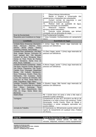 CONCURSO PÚBLICO N.º 01/2013 DA COMPANHIA DE SANEAMENTO DO PARÁ – COSANPA                                 5 / 52




                                                 7.      Efetuar leituras hidrométricas;
                                                 8.      Manter a limpeza e conservação dos
                                                 equipamentos e instalações das subestações;
                                                 9.      Cumprir normas de segurança e usar
                                                 equipamentos de proteção individual;
                                                 10.     Realizar teste de qualidade de água,
                                                 conforme orientação da COSANPA;
                                                 11.     Relacionar materiais necessários aos
                                                 serviços a serem executados ;
                                                 12.     Executar outras atividades, que tenham
                                                 correlação com as atribuições do cargo.
     Nível de Escolaridade                       Nível Fundamental Completo.
     Requisitos para Investidura no Cargo        1º Grau Completo; Conhecimentos em saneamento
                                                 básico.
                    Localidade                                  Quantidade de Vagas
     Unidade Baixo Amazonas (Santarém-           1 (Uma) Vaga. Não haverá vaga reservada às
     Sede, Alenquer, Altamira, Faro,             pessoas com deficiência.
     Itaituba, Monte Alegre, Óbidos,
     Oriximiná, Prainha, Terra Santa)
     Unidade Ilhas (Abaetetuba, Vila Beja,       10 (Dez) Vagas, sendo 1 (Uma) vaga reservada às
     Afuá, Anajás, Breves, Cachoeira do          pessoas com deficiência.
     Arari, Igarapé Miri, Vila Maiuatá,
     Limoeiro do Ajuru, Mocajuba, Moju,
     Oeiras do Pará, Ponta de Pedras,
     Portel, Salvaterra, Santa Cruz do
     Arari, Soure, Tailândia)
     Unidade Nordeste (Castanhal – Sede,         9 (Nove) Vagas, sendo 1 (Uma) vaga reservada às
     Vila Apeú, Augusto Corrêa, Bragança,        pessoas com deficiência.
     Vila Fátima, Capanema, Vila Tauari,
     Capitão Poço, Inhangapi, Magalhães
     Barata, Vila Cafezal, Marapanim,
     Nova Timboteua, Ourém, Peixe Boi,
     Salinópolis, Vila Cuiarana, Santa
     Luzia, São Caetano de Odivelas, São
     Francisco do Pará, Santa Maria do
     Pará, Traquateua, Vigia, Viseu)
     Unidade Tocantins (Marabá - Sede,           4 (Quatro) Vagas. Não haverá vaga reservada às
     Breu Branco, Conceição do Araguaia,         pessoas com deficiência.
     Dom      Eliseu,    Itupiranga,  Nova
     Jacundá, Novo Repartimento, São
     Félix do Xingu, Santa Maria das
     Barreiras)
     Salário-Base                                R$ 1.123,64 (Hum mil cento e vinte e três reais e
                                                 sessenta e quatro centavos).
     Vantagens                                   Complemento de piso ACT 2012/2013 de R$ 61,38
                                                 (Sessenta e um reais e trinta e oito centavos), Ticket
                                                 Alimentação, Auxílio Creche, Plano de Saúde e
                                                 Odontológico e outras vantagens aprovadas em
                                                 acordo coletivo.
     Jornada de Trabalho                         40 h/semanais ou 36h/semanais quando estiver sob
                                                 regime de revezamento em qualquer área. (Tabela
                                                 em Anexo).


     Cargo 06                                    Agente de Serviços Gerais - Pintor
                                                 1.      Executar pintura parcial ou total nos
                                                 veículos, máquinas, motores e outros equipamentos

     GOVERNO DO ESTADO DO PARÁ
     COMPANHIA DE SANEAMENTO DO PARÁ - COSANPA
     CONCURSO PÚBLICO N.º 01/2013
     ANEXO 03 – INFORMAÇÕES DOS CARGOS
 