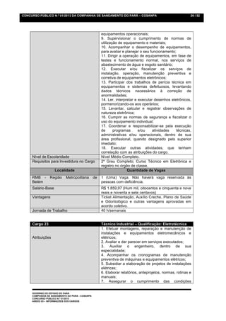 CONCURSO PÚBLICO N.º 01/2013 DA COMPANHIA DE SANEAMENTO DO PARÁ – COSANPA                                   26 / 52




                                                      equipamentos operacionais;
                                                      9. Supervisionar o cumprimento de normas de
                                                      utilização de equipamento e materiais;
                                                      10. Acompanhar o desempenho de equipamentos,
                                                      para avaliar e planejar o seu funcionamento;
                                                      11. Dirigir a operação de equipamentos, em fase de
                                                      testes e funcionamento normal, nos serviços de
                                                      abastecimento de água e esgoto sanitário;
                                                      12. Executar e/ou fiscalizar os serviços de
                                                      instalação, operação, manutenção preventiva e
                                                      corretiva de equipamentos eletrônicos;
                                                      13. Participar dos trabalhos de perícia técnica em
                                                      equipamentos e sistemas defeituosos, levantando
                                                      dados técnicos necessários à correção de
                                                      anormalidades;
                                                      14. Ler, interpretar e executar desenhos eletrônicos,
                                                      pormenorizando-os aos operários;
                                                      15. Levantar, calcular e registrar observações de
                                                      natureza eletrônica;
                                                      16. Cumprir as normas de segurança e fiscalizar o
                                                      uso do equipamento individual;
                                                      17. Coordenar e responsabilizar-se pela execução
                                                      de      programas      e/ou    atividades    técnicas,
                                                      administrativas e/ou operacionais, dentro de sua
                                                      área profissional, quando designado pelo superior
                                                      imediato;
                                                      18. Executar outras atividades, que tenham
                                                      correlação com as atribuições do cargo.
     Nível de Escolaridade                            Nível Médio Completo.
     Requisitos para Investidura no Cargo             2º Grau Completo; Curso Técnico em Eletrônica e
                                                      registro no órgão de classe.
                    Localidade                                        Quantidade de Vagas
     RMB -       Região     Metropolitana        de   1 (Uma) Vaga. Não haverá vaga reservada às
     Belém                                            pessoas com deficiência.
     Salário-Base                                     R$ 1.859,97 (Hum mil, oitocentos e cinquenta e nove
                                                      reais e noventa e sete centavos)
     Vantagens                                        Ticket Alimentação, Auxílio Creche, Plano de Saúde
                                                      e Odontológico e outras vantagens aprovadas em
                                                      acordo coletivo.
     Jornada de Trabalho                              40 h/semanais


     Cargo 23                                         Técnico Industrial – Qualificação: Eletrotécnica
                                                      1. Efetuar montagens, reparação e manutenção de
                                                      instalações e equipamentos eletromecânicos e
     Atribuições                                      elétricos;
                                                      2. Avaliar e dar parecer em serviços executados;
                                                      3. Auxiliar o engenheiro, dentro de sua
                                                      especialidade;
                                                      4. Acompanhar os cronogramas de manutenção
                                                      preventiva de máquinas e equipamentos elétricos;
                                                      5. Subsidiar a elaboração de projetos de instalações
                                                      elétricas;
                                                      6. Elaborar relatórios, anteprojetos, normas, rotinas e
                                                      manuais;
                                                      7. Assegurar o cumprimento das condições


     GOVERNO DO ESTADO DO PARÁ
     COMPANHIA DE SANEAMENTO DO PARÁ - COSANPA
     CONCURSO PÚBLICO N.º 01/2013
     ANEXO 03 – INFORMAÇÕES DOS CARGOS
 
