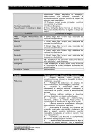CONCURSO PÚBLICO N.º 01/2013 DA COMPANHIA DE SANEAMENTO DO PARÁ – COSANPA                               32 / 52




                                                      operacionais padrão, freqüência de realização,
                                                      preenchimento    dos     relatórios, manuseio   e
                                                      armazenamento de produtos químicos e preparo de
                                                      soluções para capacitá-los;
                                                      16. Executar outras tarefas correlatas, conforme
                                                      necessidade da Unidade.
     Nível de Escolaridade                            Nível Médio Completo.
     Requisitos para Investidura no Cargo             2º Grau Completo; Curso Técnico em Química ou
                                                      Técnica em Análise Química e registro no órgão de
                                                      classe.
                    Localidade                                       Quantidade de Vagas
     RMB -       Região     Metropolitana        de   1 (Uma) Vaga. Não haverá vaga reservada às
     Belém                                            pessoas com deficiência.
     Altamira                                         1 (Uma) Vaga. Não haverá vaga reservada às
                                                      pessoas com deficiência.
     Castanhal                                        1 (Uma) Vaga. Não haverá vaga reservada às
                                                      pessoas com deficiência.
     Marabá                                           1 (Uma) Vaga. Não haverá vaga reservada às
                                                      pessoas com deficiência.
     Santarém                                         1 (Uma) Vaga. Não haverá vaga reservada às
                                                      pessoas com deficiência.
     Salário-Base                                     R$ 1.859,97 (Hum mil, oitocentos e cinquenta e nove
                                                      reais e noventa e sete centavos)
     Vantagens                                        Ticket Alimentação, Auxílio Creche, Plano de Saúde
                                                      e Odontológico e outras vantagens aprovadas em
                                                      acordo coletivo.
     Jornada de Trabalho                              40 h/semanais


     Cargo 28                                         Técnico Industrial – Qualificação: Saneamento
                                                      1.      Realizar    estudos,   propor   normas    e
                                                      procedimentos que otimizem a execução de obras,
     Atribuições                                      instalações e serviços;
                                                      2.      Participar da elaboração de projetos de
                                                      saneamento básico, macromedição e pitometria;
                                                      3.      Fiscalizar    e    acompanhar    obras   de
                                                      saneamento e serviços técnicos, observando o
                                                      cumprimento de prazos, normas e especificações
                                                      técnicas;
                                                      4.      Elaborar gráficos, esboços e desenhos
                                                      técnicos, de acordo com sua área de atuação;
                                                      5.      Executar     serviços   de    macromedição,
                                                      pitometria, análise e controle físico-químico e
                                                      bacteriológico de mananciais de água e de esgoto;
                                                      6.      Elaborar, analisar e acompanhar a aplicação
                                                      de orçamentos, cronogramas e serviços;
                                                      7.      Acompanhar a operação dos sistemas de
                                                      produção, reservação, distribuição e tratamento de
                                                      água e esgoto sanitário, solicitando, quando
                                                      necessário, manutenção preventiva e corretiva nos
                                                      seus equipamentos;
                                                      8.      Fiscalizar o uso de EPIs e o cumprimento
                                                      das normas de segurança do trabalho;
                                                      9.      Cadastrar redes de abastecimento de água e
                                                      coletores de esgoto sanitário, com a respectiva

     GOVERNO DO ESTADO DO PARÁ
     COMPANHIA DE SANEAMENTO DO PARÁ - COSANPA
     CONCURSO PÚBLICO N.º 01/2013
     ANEXO 03 – INFORMAÇÕES DOS CARGOS
 