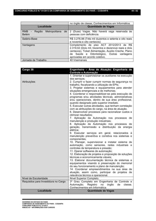 CONCURSO PÚBLICO N.º 01/2013 DA COMPANHIA DE SANEAMENTO DO PARÁ – COSANPA                                 44 / 52




                                                      no órgão de classe; Conhecimentos em Informática.
                    Localidade                                       Quantidade de Vagas
     RMB -       Região     Metropolitana        de   2 (Duas) Vagas. Não haverá vaga reservada às
     Belém                                            pessoas com deficiência.
     Salário-Base                                     R$ 3.278,98 (Três mil duzentos e setenta e oito reais
                                                      e noventa e oito centavos)
     Vantagens                                        Complemento de piso ACT 2012/2013 de R$
                                                      2.319,02 (Dois mil, trezentos e dezenove reais e dois
                                                      centavos), Ticket Alimentação, Auxilio Creche, Plano
                                                      de Saúde e Odontológico, Outras vantagens
                                                      aprovadas em acordo coletivo.
     Jornada de Trabalho                              40 h/semanais


     Cargo 38                                         Engenheiro – Área de Atuação: Engenharia de
                                                      Controle e Automação
                                                      1. Orientar e supervisionar os auxiliares na execução
                                                      dos serviços;
     Atribuições                                      2. Cumprir e fazer cumprir normas de segurança no
                                                      trabalho, fiscalizando a utilização de EPIs;
                                                      3. Projetar sistemas e equipamentos para atender
                                                      situações emergenciais e de melhorias;
                                                      4. Coordenar e responsabilizar-se pela execução de
                                                      programas e/ou atividades técnicas, administrativas
                                                      e/ou operacionais, dentro de sua área profissional,
                                                      quando designado pelo superior imediato.
                                                      5. Executar outras atividades, que tenham correlação
                                                      com as atribuições do cargo, na área de atuação.
                                                      6. Desenvolver processos para racionalizar custos e
                                                      otimizar resultados;
                                                      7. Aplicação da Automação nos processos de
                                                      manutenção e produção industriais;
                                                      8. Aplicação da Automação nos processos de
                                                      geração, transmissão e distribuição da energia
                                                      elétrica;
                                                      9. Executar serviços em geral, relacionados à
                                                      manutenção preventiva e corretiva nos sistemas e
                                                      componentes;
                                                      10. Planejar, supervisionar e instalar sistema de
                                                      automação, como sensores, redes industriais e
                                                      controles de temperatura e pressão;
                                                      11. Operar softwares de automação;
                                                      12. Elaboração de projetos e proposição de soluções
                                                      técnicas e economicamente viáveis;
                                                      13. Elaborar documentação técnica de sistemas e
                                                      equipamentos visando à preservação do memorial
                                                      do seu funcionamento e plano de manutenção;
                                                      14. Coordenar empreendimentos na sua área de
                                                      atuação, assim como, participar de projetos de
                                                      relevância técnica e operacional.
     Nível de Escolaridade                            Nível Superior Completo.
     Requisitos para Investidura no Cargo             3º Grau Completo em Engenharia de Controle e
                                                      Automação; Registro no órgão de classe;
                                                      Conhecimentos em Informática.
                    Localidade                                         Quantidade de Vagas



     GOVERNO DO ESTADO DO PARÁ
     COMPANHIA DE SANEAMENTO DO PARÁ - COSANPA
     CONCURSO PÚBLICO N.º 01/2013
     ANEXO 03 – INFORMAÇÕES DOS CARGOS
 