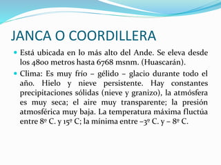JANCA O COORDILLERA
 Está ubicada en lo más alto del Ande. Se eleva desde
los 4800 metros hasta 6768 msnm. (Huascarán).
 Clima: Es muy frío – gélido – glacio durante todo el
año. Hielo y nieve persistente. Hay constantes
precipitaciones sólidas (nieve y granizo), la atmósfera
es muy seca; el aire muy transparente; la presión
atmosférica muy baja. La temperatura máxima fluctúa
entre 8º C. y 15º C; la mínima entre –3º C. y – 8º C.
 