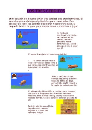 LOS TRES CERDITOS
En el corazón del bosque vivían tres cerditos que eran hermanos. El
lobo siempre andaba persiguiéndolos para comérselos. Para
escapar del lobo, los cerditos decidieron hacerse una casa. El
pequeño la hizo de paja, para acabar antes y poder irse a jugar.


                                                  El mediano
                                                 construyó una casita
                                                 de madera. Al ver
                                                 que su hermano
                                                 pequeño había
                                                 terminado ya, se dio
                                                 prisa para irse a jugar
                                                 con él.


                 El mayor trabajaba en su casa de ladrillo.


                 –     Ya veréis lo que hace el
                 lobo con vuestras casas- riñó a
                 sus hermanos mientras éstos se
                 lo pasaban en grande.
                 –


                                            El lobo salió detrás del
                                           cerdito pequeño y él corrió
                                           hasta su casita de paja,
                                           pero el lobo sopló y sopló y
                                           la casita de paja derrumbó.


                 El lobo persiguió también al cerdito por el bosque,
                 que corrió a refugiarse en casa de su hermano
                 mediano. Pero el lobo sopló y sopló y la casita de
                 madera derribó. Los dos cerditos salieron pitando de
                 allí.


                 Casi sin aliento, con el lobo
                 pegado a sus talones,
                 llegaron a la casa del
                 hermano mayor.
 