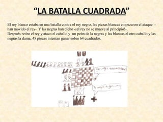 “LA BATALLA CUADRADA”
El rey blanco estaba en una batalla contra el rey negro, las piezas blancas empezaron el ataque -
han movido el rey-. Y las negras han dicho -¡el rey no se mueve al principio!-.
Después retiro el rey y ataco el caballo y un peón de la negras y las blancas el otro caballo y las
negras la dama, 48 piezas intentan ganar sobre 64 cuadrados.
 
